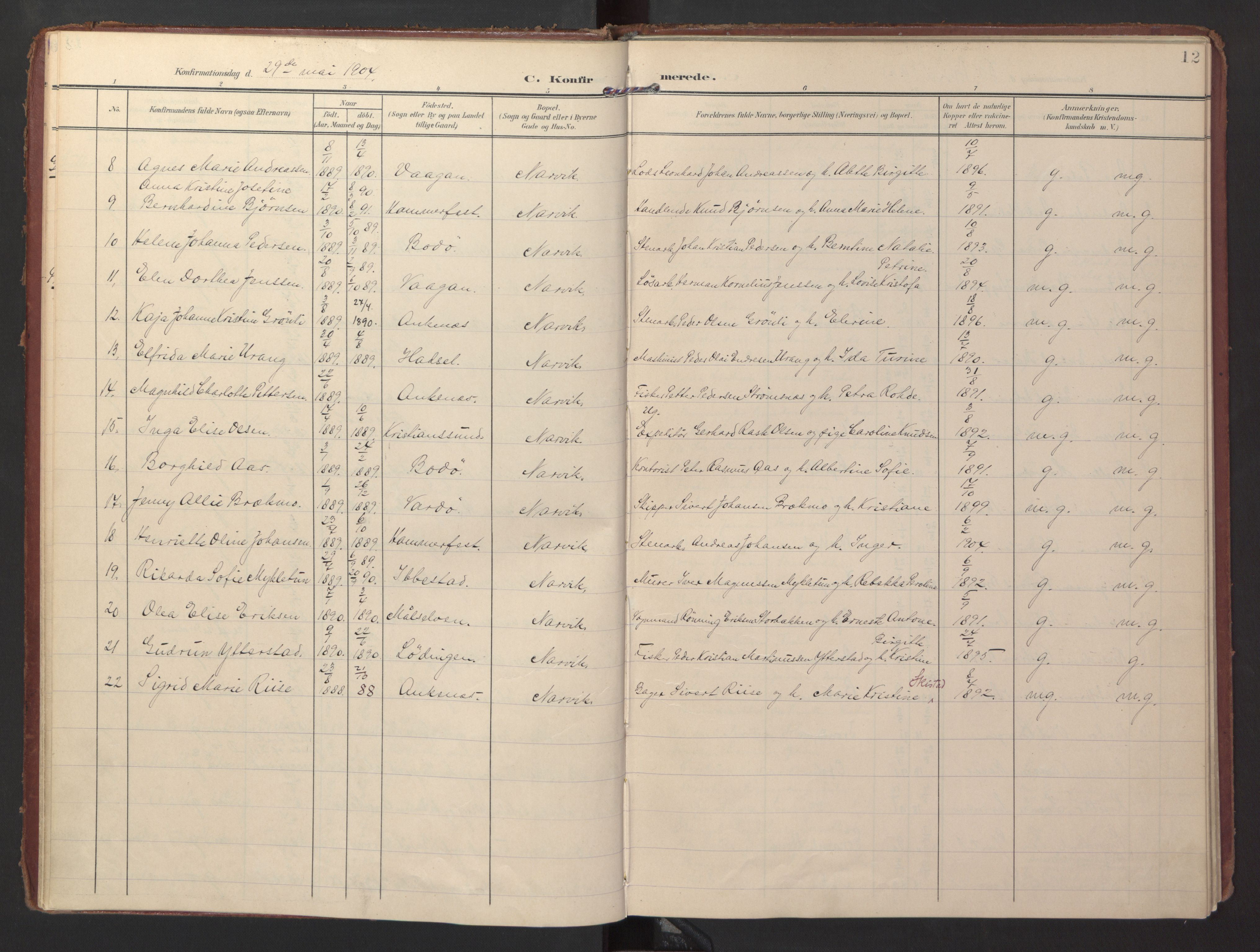 Ministerialprotokoller, klokkerbøker og fødselsregistre - Nordland, AV/SAT-A-1459/871/L0998: Parish register (official) no. 871A14, 1902-1921, p. 12