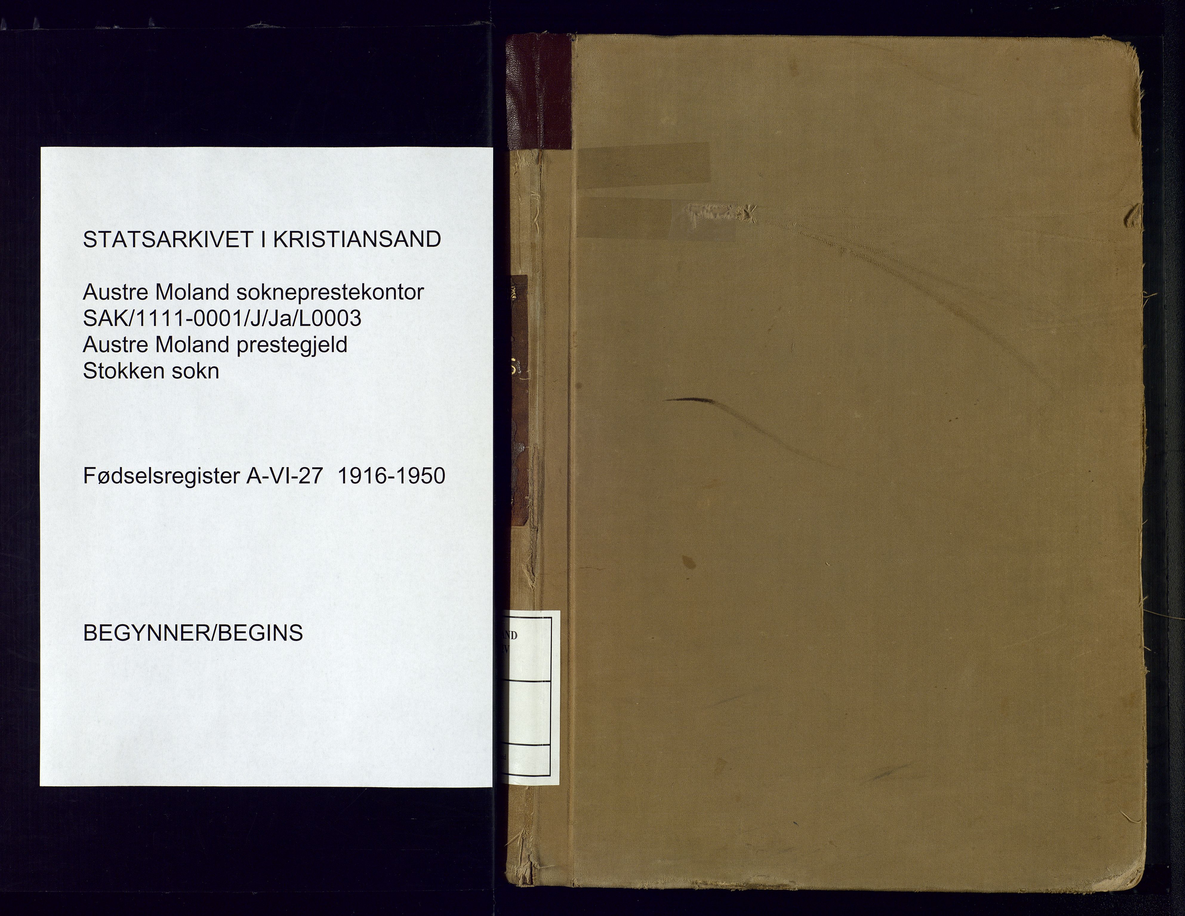 Austre Moland sokneprestkontor, SAK/1111-0001/J/Ja/L0003: Birth register no. A-VI-27, 1916-1950