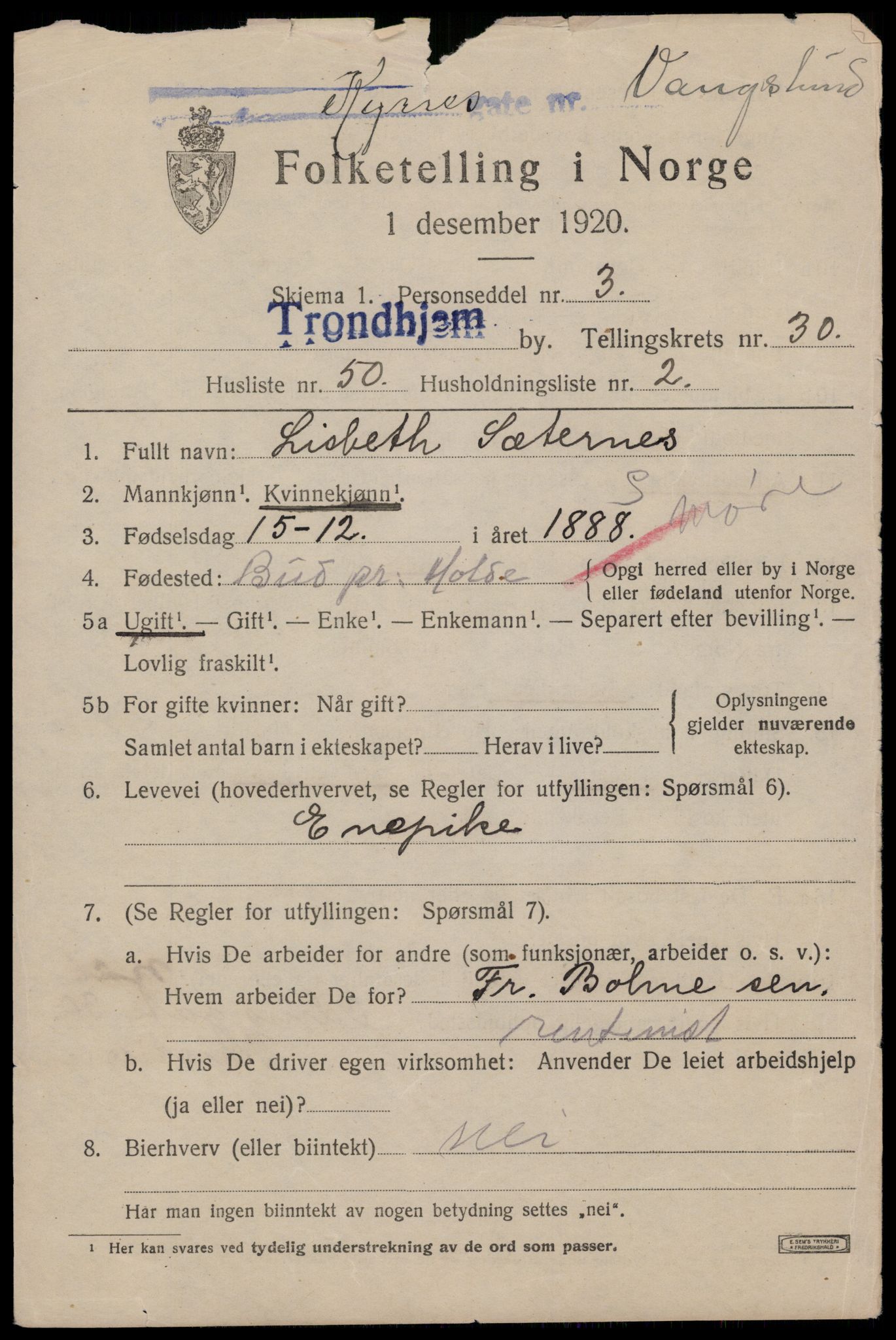 SAT, 1920 census for Trondheim, 1920, p. 76178