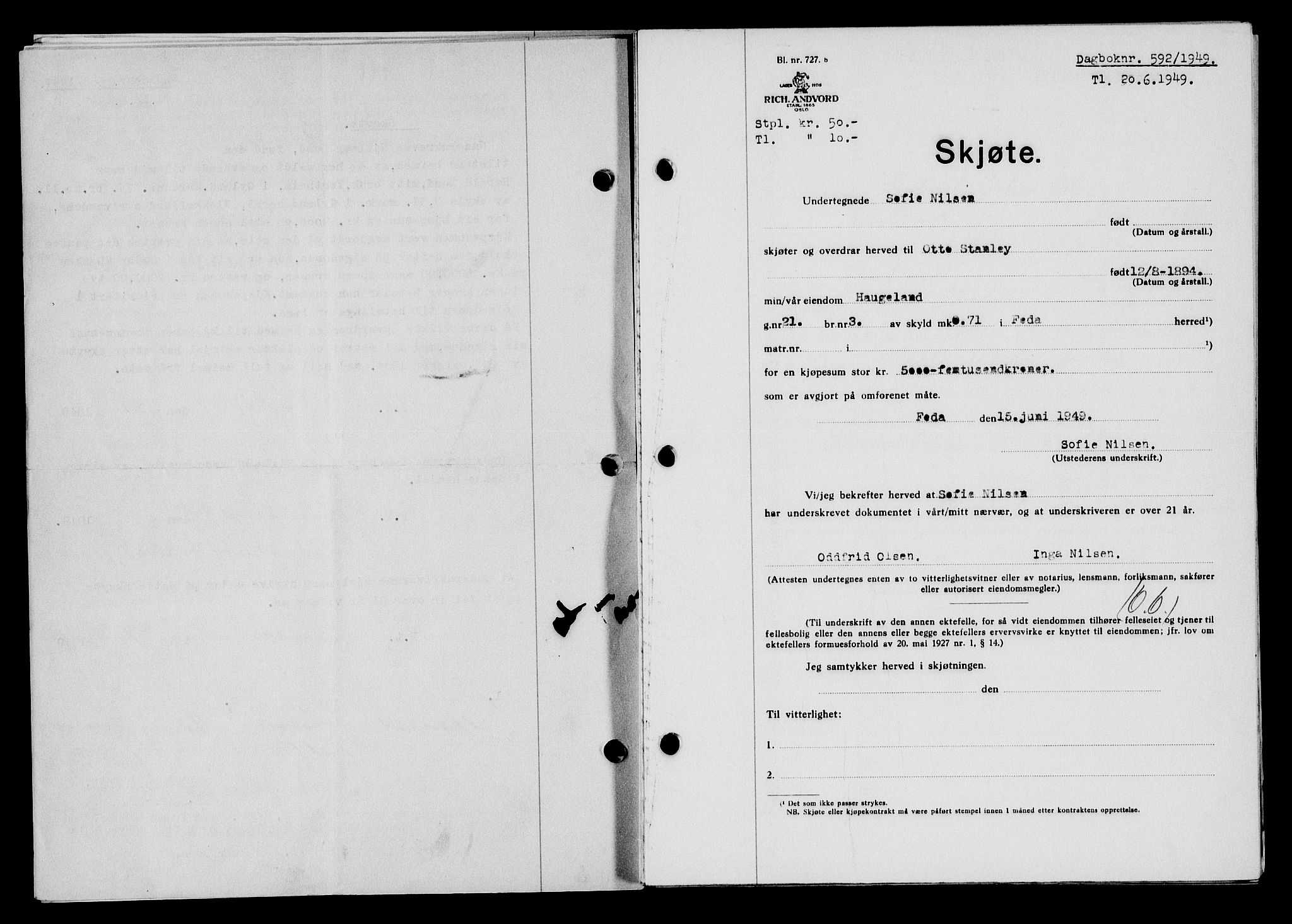 Flekkefjord sorenskriveri, SAK/1221-0001/G/Gb/Gba/L0065: Mortgage book no. A-13, 1949-1949, Diary no: : 592/1949
