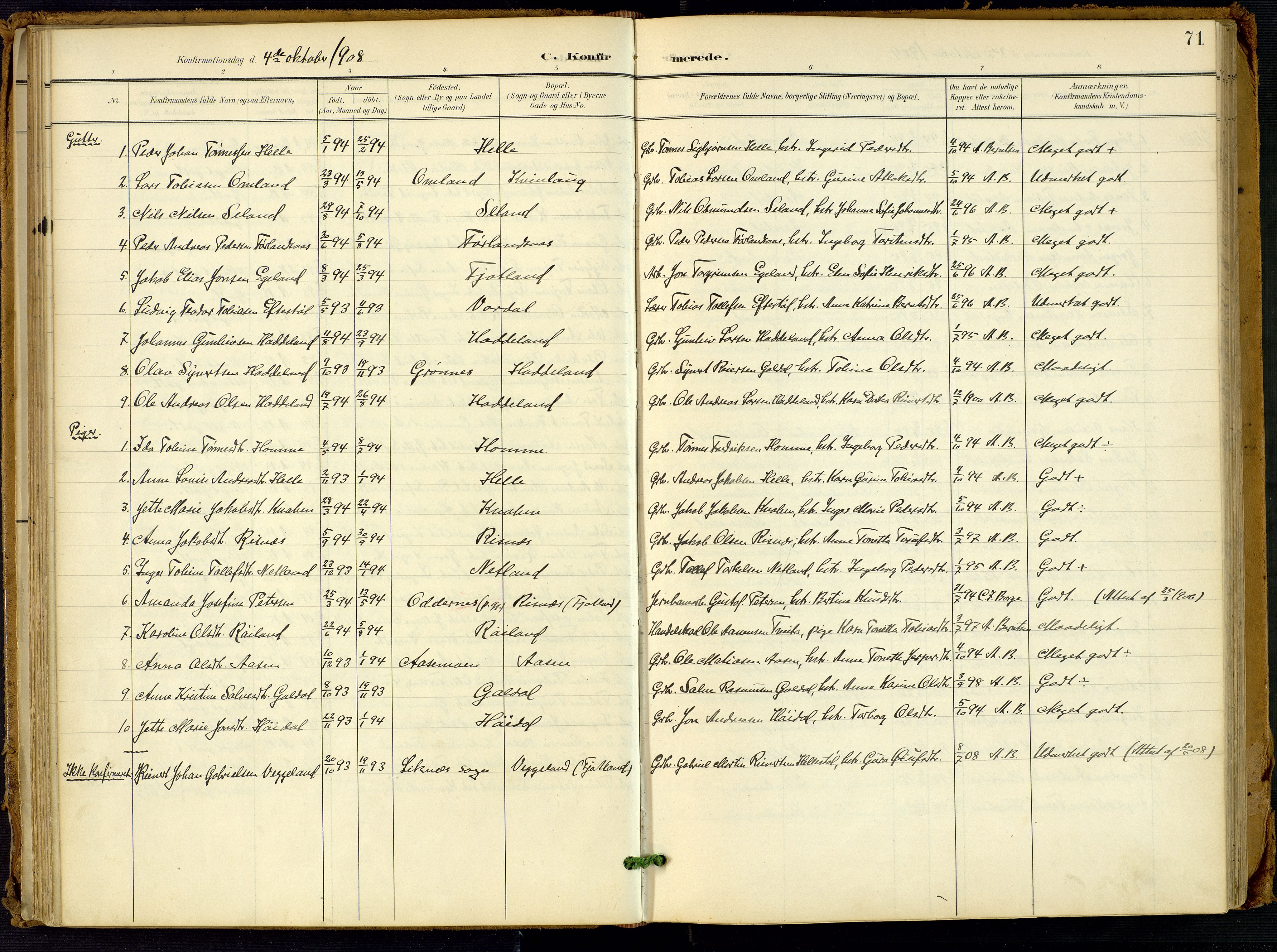 Fjotland sokneprestkontor, SAK/1111-0010/F/Fa/L0003: Parish register (official) no. A 3, 1899-1917, p. 71