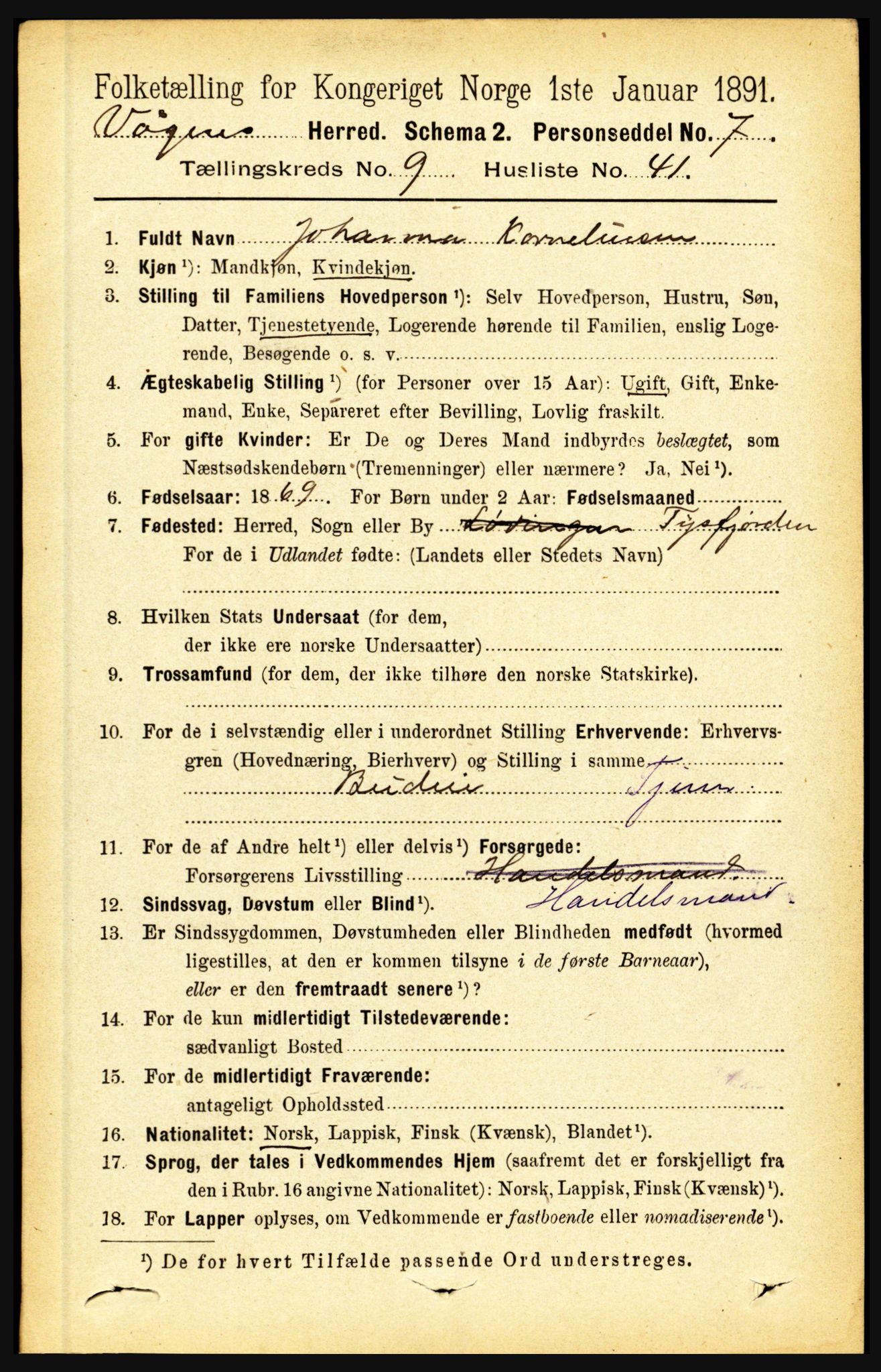 RA, 1891 census for 1865 Vågan, 1891, p. 2513