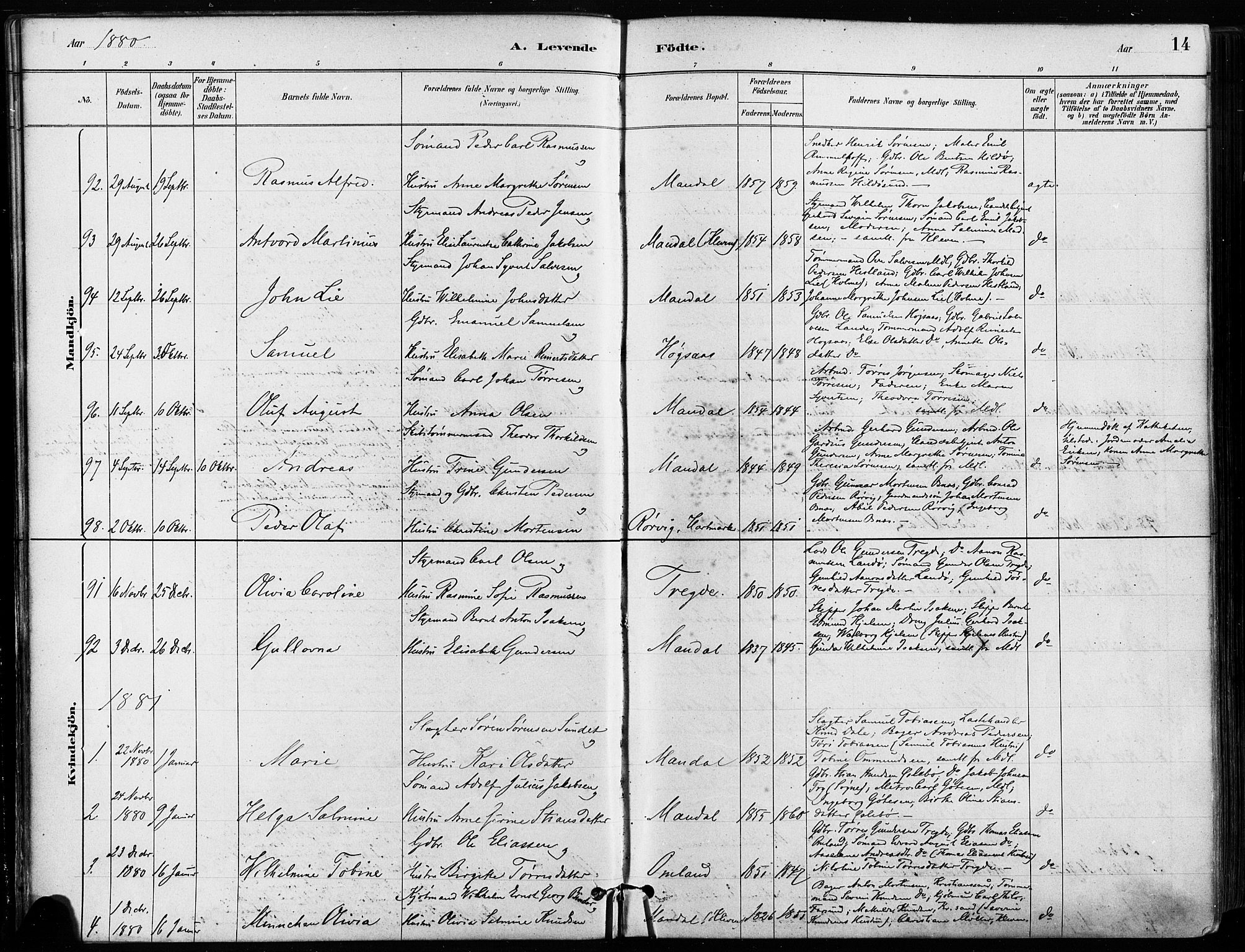 Mandal sokneprestkontor, SAK/1111-0030/F/Fa/Faa/L0016: Parish register (official) no. A 16, 1880-1890, p. 14