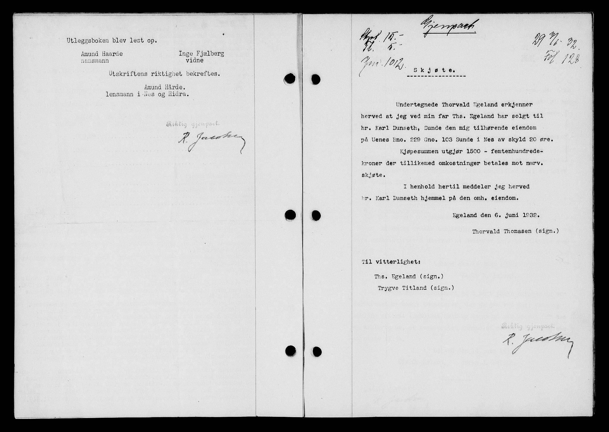 Flekkefjord sorenskriveri, SAK/1221-0001/G/Gb/Gba/L0047: Mortgage book no. 45, 1931-1932, Deed date: 07.06.1932