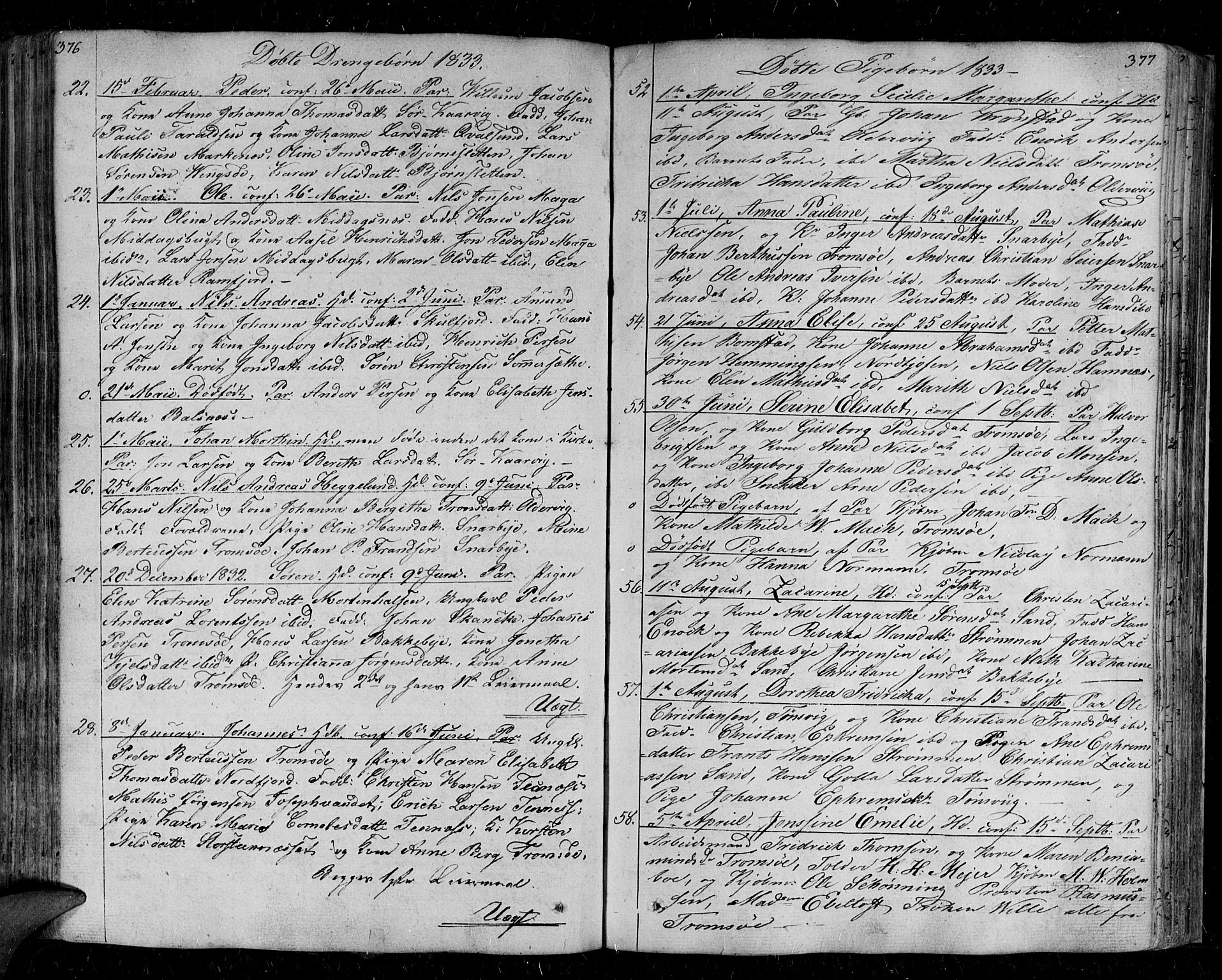 Tromsø sokneprestkontor/stiftsprosti/domprosti, AV/SATØ-S-1343/G/Ga/L0008kirke: Parish register (official) no. 8, 1829-1837, p. 376-377