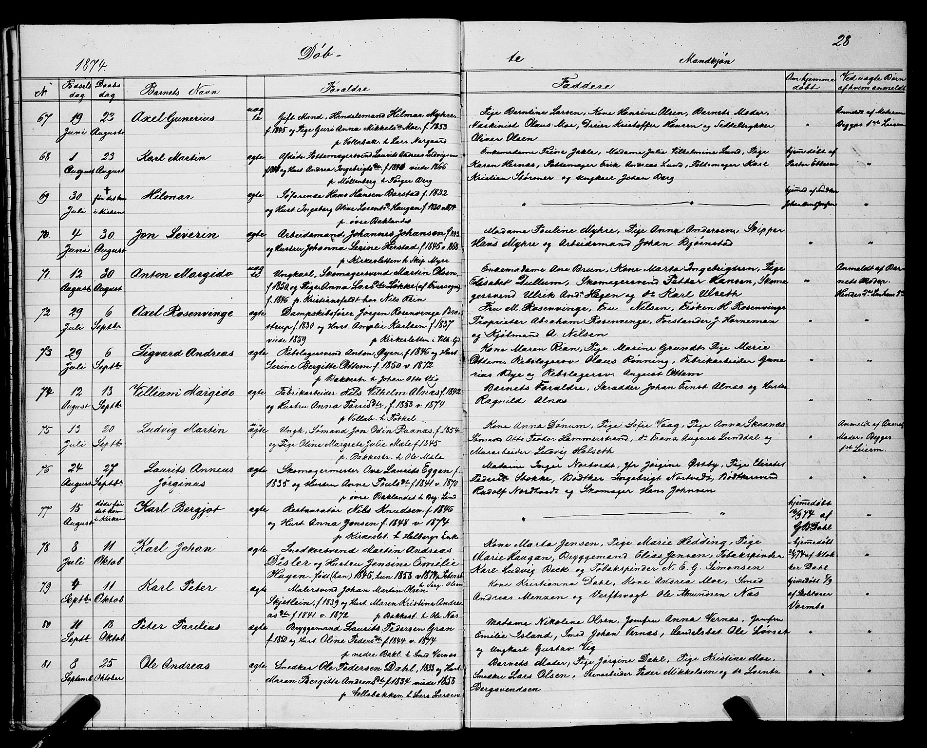Ministerialprotokoller, klokkerbøker og fødselsregistre - Sør-Trøndelag, SAT/A-1456/604/L0220: Parish register (copy) no. 604C03, 1870-1885, p. 28