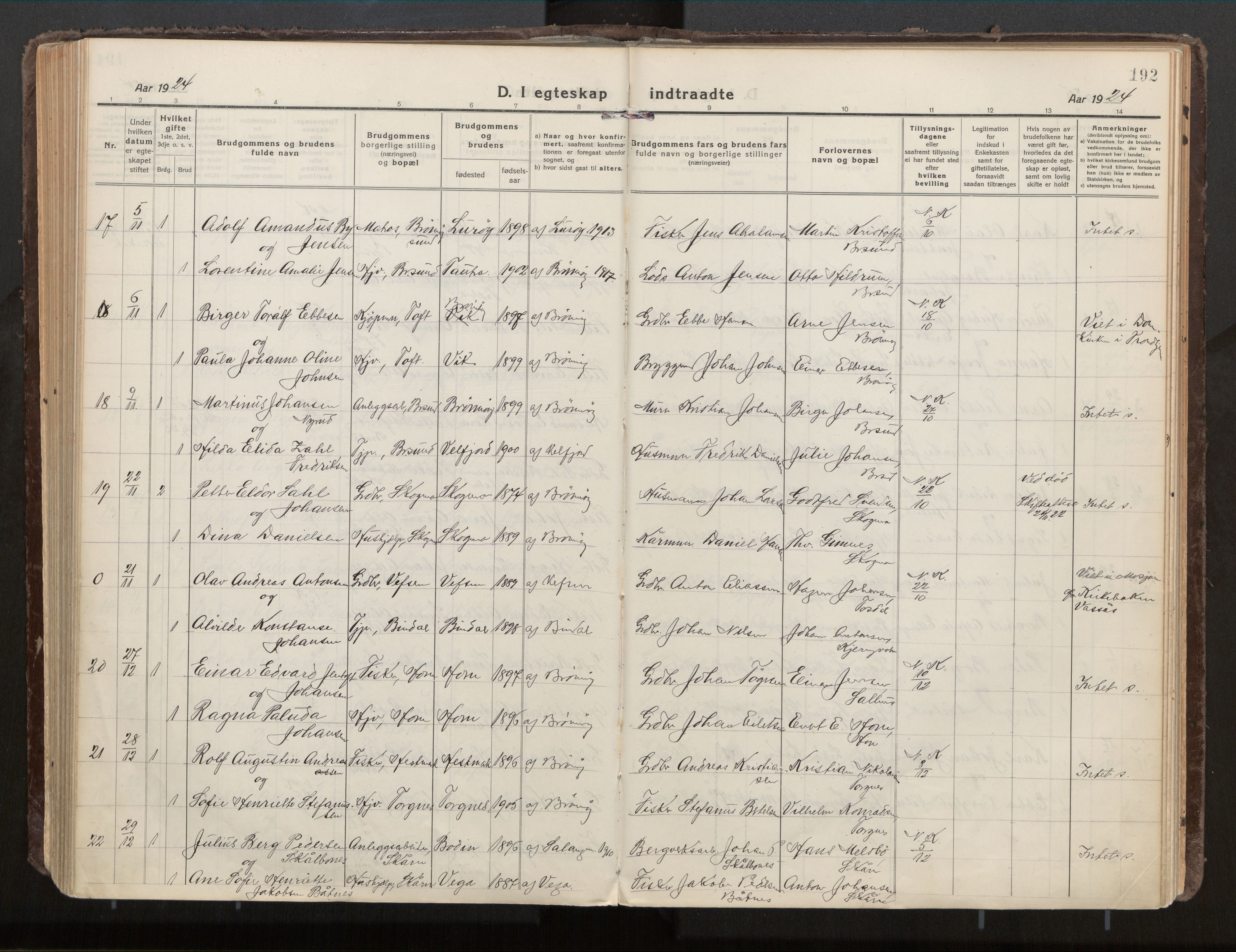 Ministerialprotokoller, klokkerbøker og fødselsregistre - Nordland, AV/SAT-A-1459/813/L0207a: Parish register (official) no. 813A18, 1919-1927, p. 192