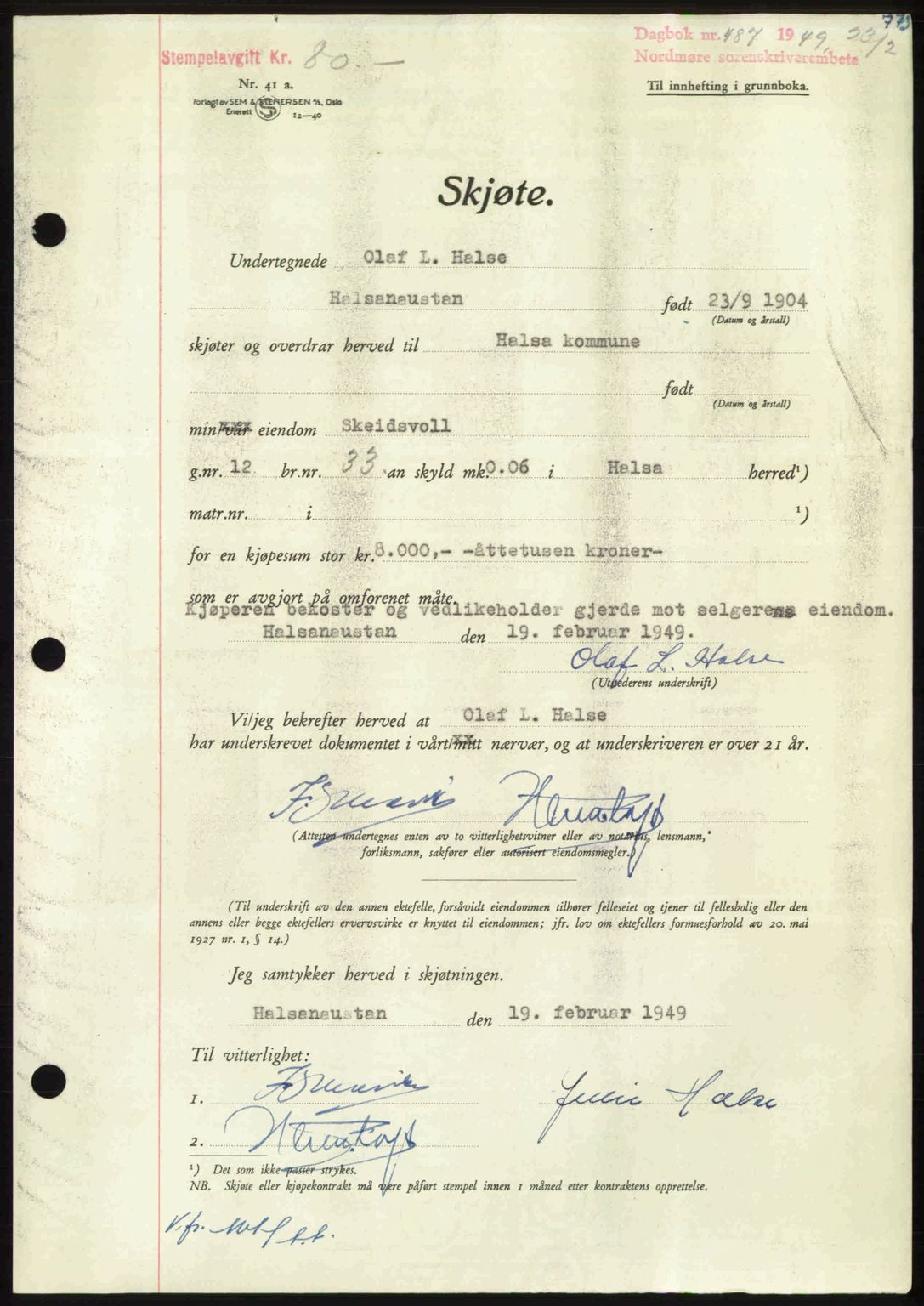 Nordmøre sorenskriveri, AV/SAT-A-4132/1/2/2Ca: Mortgage book no. A110, 1948-1949, Diary no: : 487/1949