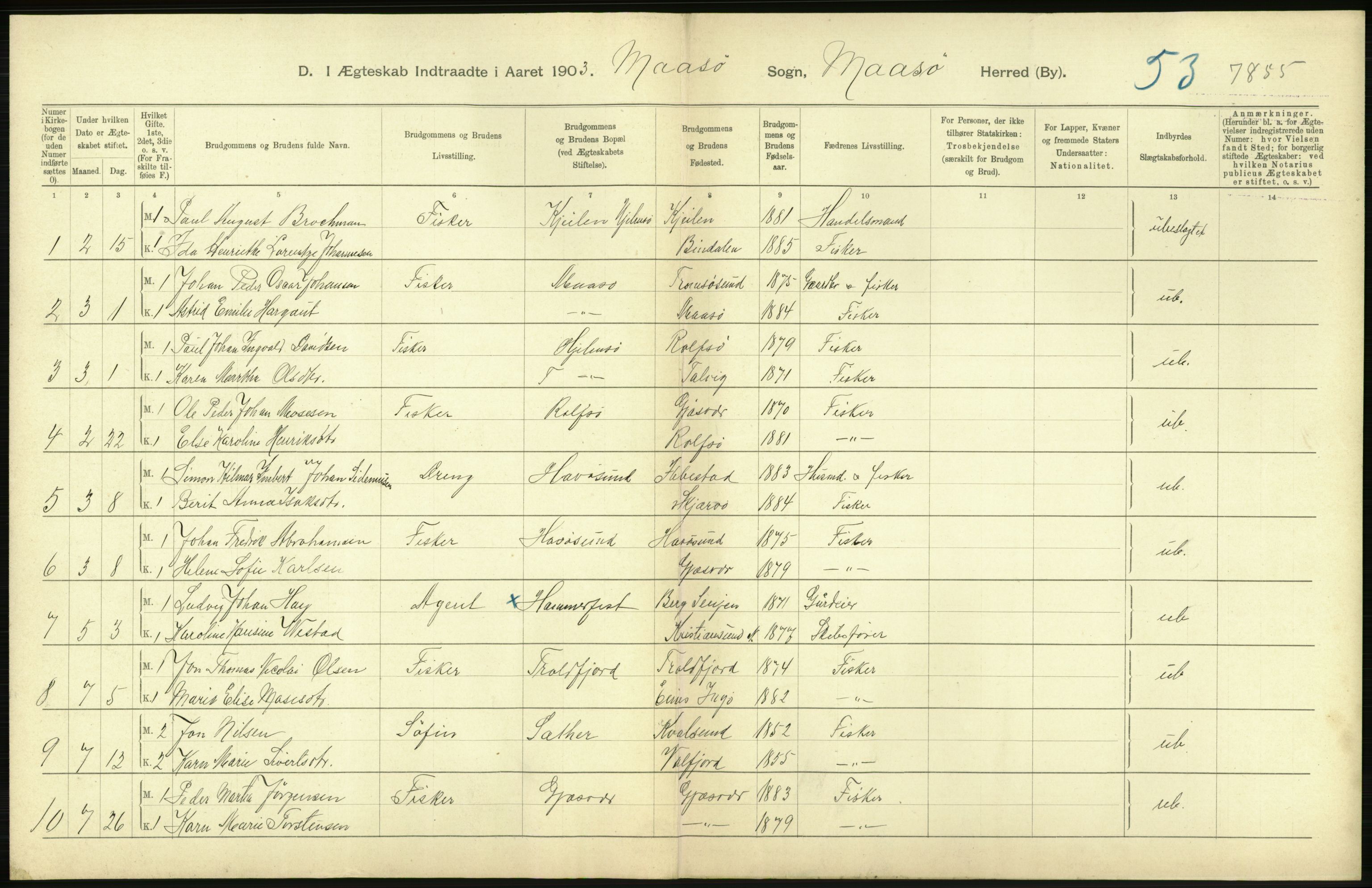 Statistisk sentralbyrå, Sosiodemografiske emner, Befolkning, AV/RA-S-2228/D/Df/Dfa/Dfaa/L0022: Finnmarkens amt: Fødte, gifte, døde., 1903, p. 172