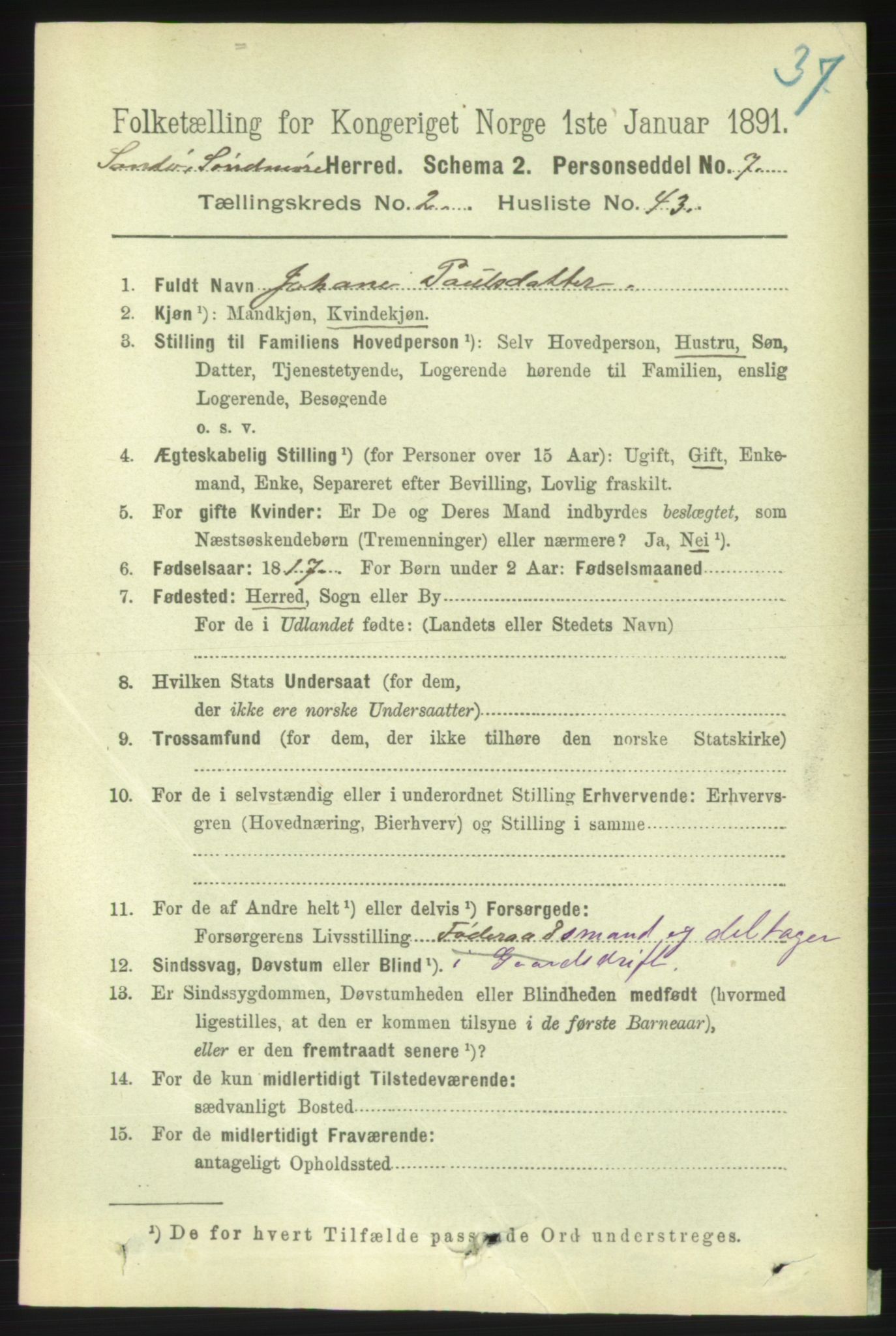 RA, 1891 census for 1514 Sande, 1891, p. 416