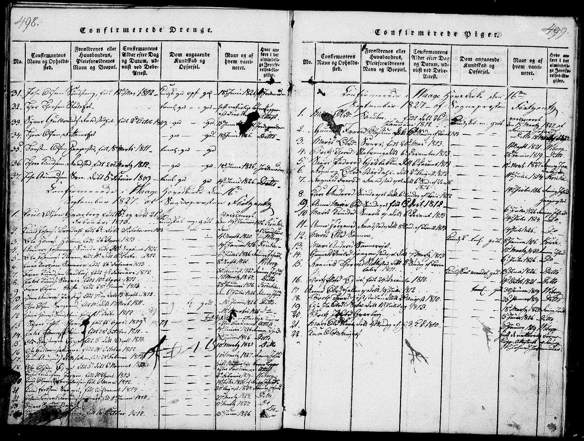 Vågå prestekontor, SAH/PREST-076/H/Ha/Haa/L0003: Parish register (official) no. 3, 1815-1827, p. 498-499