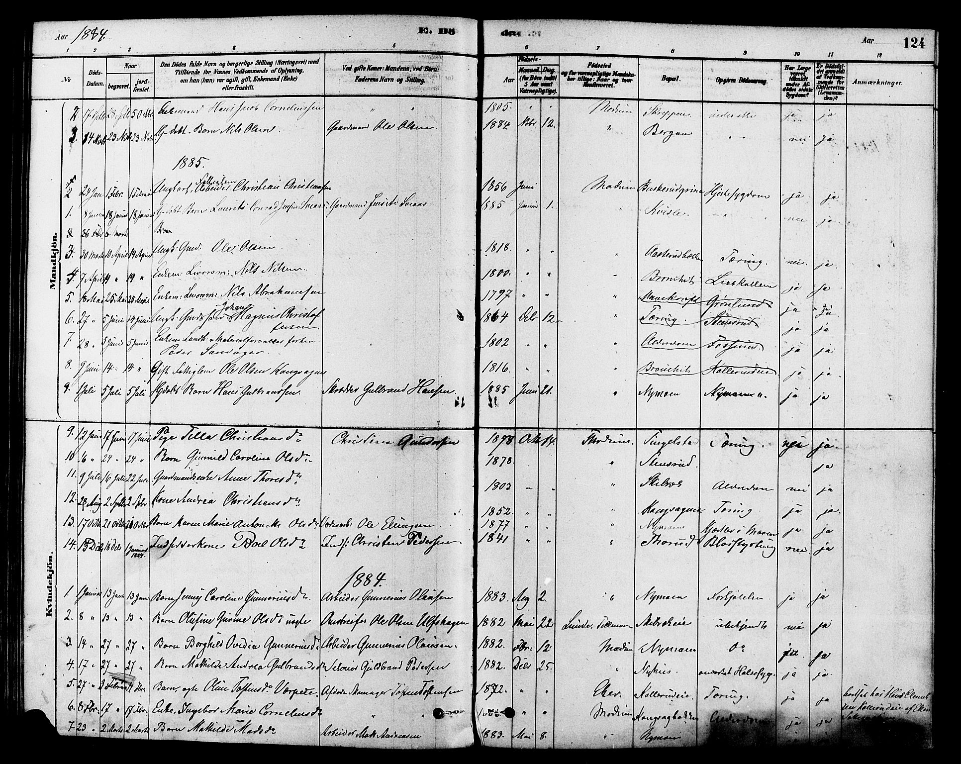 Modum kirkebøker, SAKO/A-234/F/Fa/L0015: Parish register (official) no. 15 /1, 1877-1889, p. 124