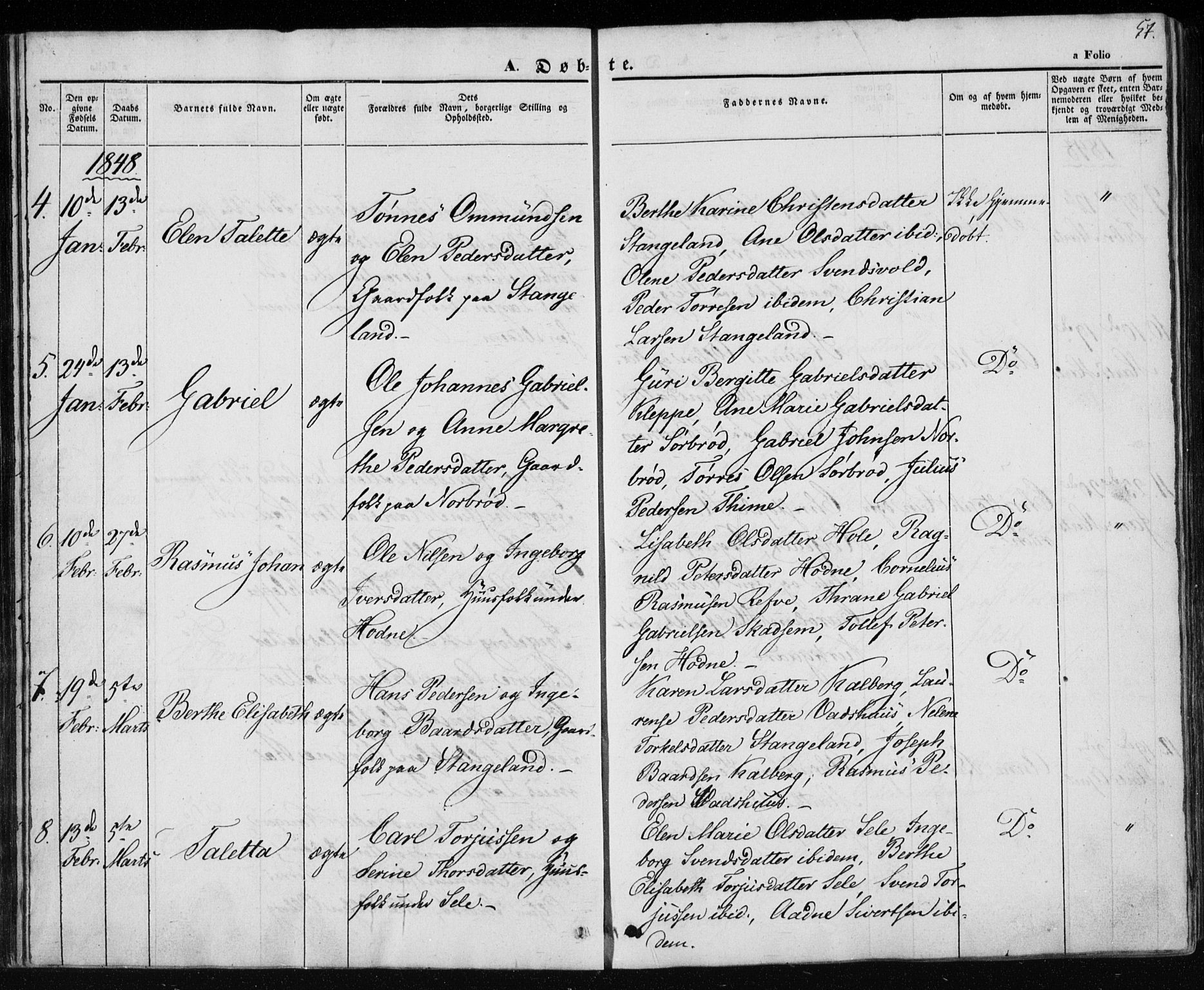 Klepp sokneprestkontor, AV/SAST-A-101803/001/3/30BA/L0004: Parish register (official) no. A 4, 1842-1852, p. 57