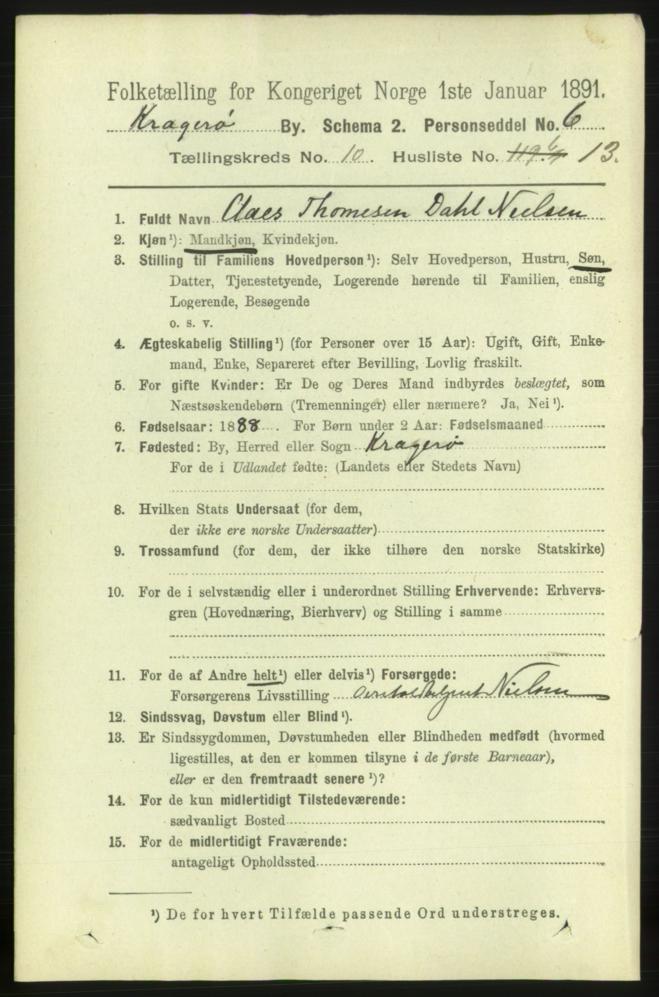RA, 1891 census for 0801 Kragerø, 1891, p. 3846