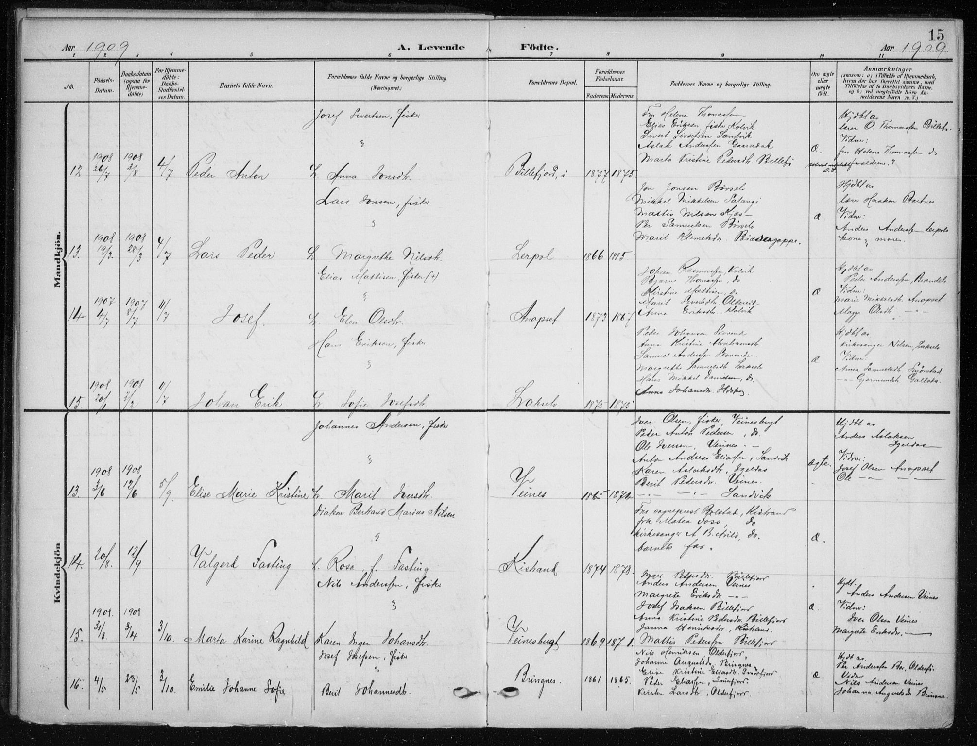 Kistrand/Porsanger sokneprestembete, AV/SATØ-S-1351/H/Ha/L0014.kirke: Parish register (official) no. 14, 1908-1917, p. 15