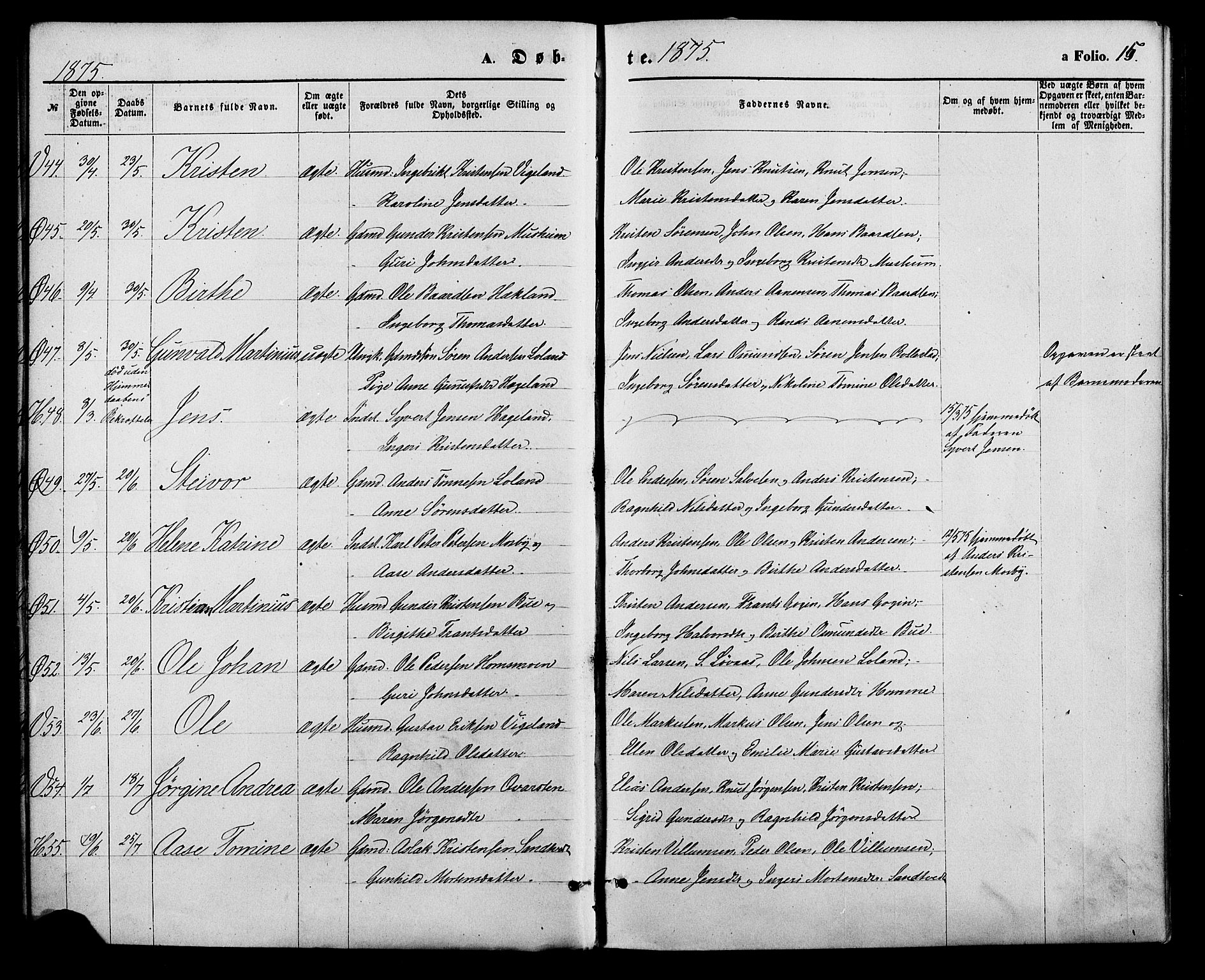 Vennesla sokneprestkontor, AV/SAK-1111-0045/Fa/Fac/L0008: Parish register (official) no. A 8, 1874-1883, p. 15