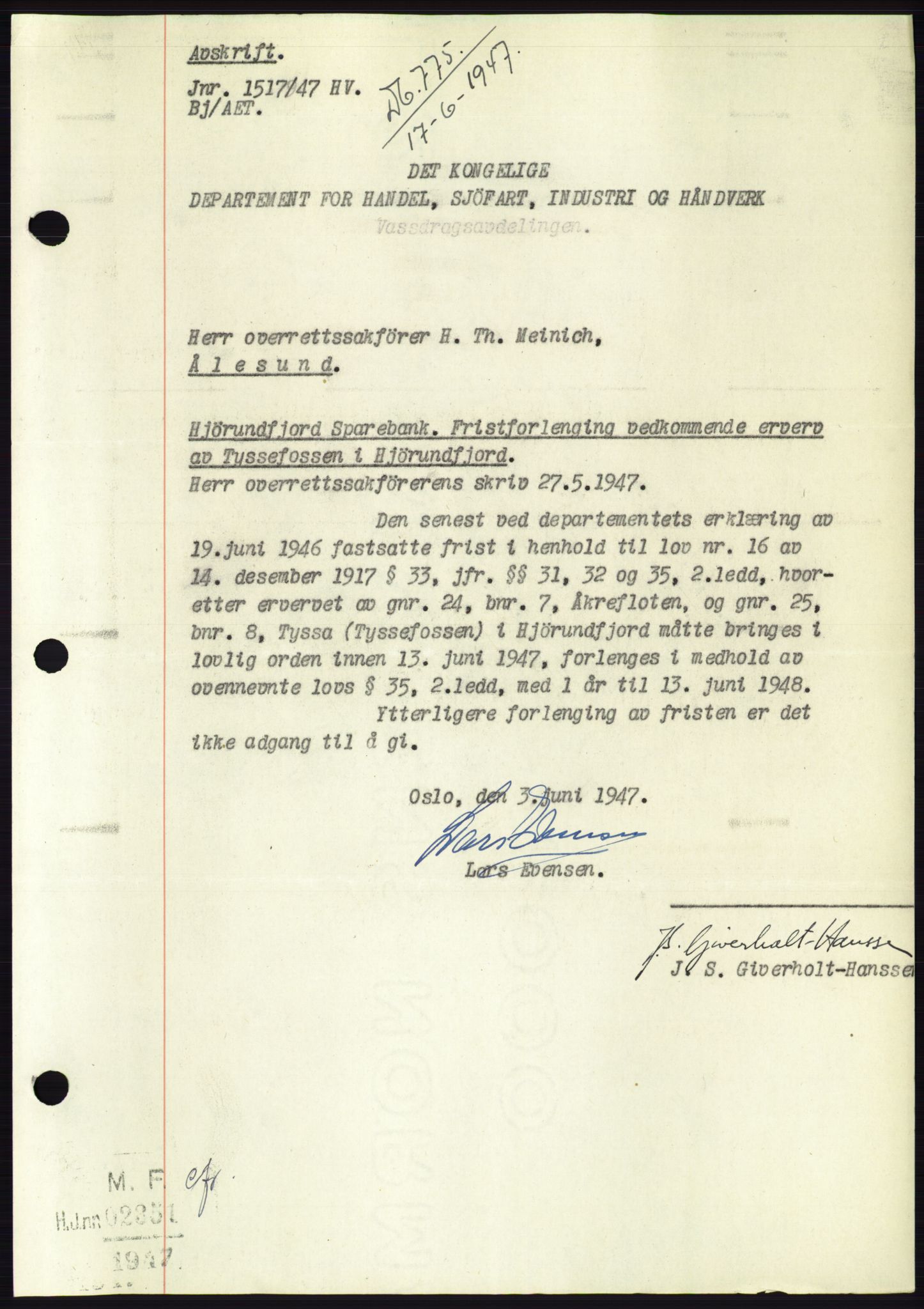 Søre Sunnmøre sorenskriveri, AV/SAT-A-4122/1/2/2C/L0115: Mortgage book no. 3B, 1947-1948, Diary no: : 775/1947