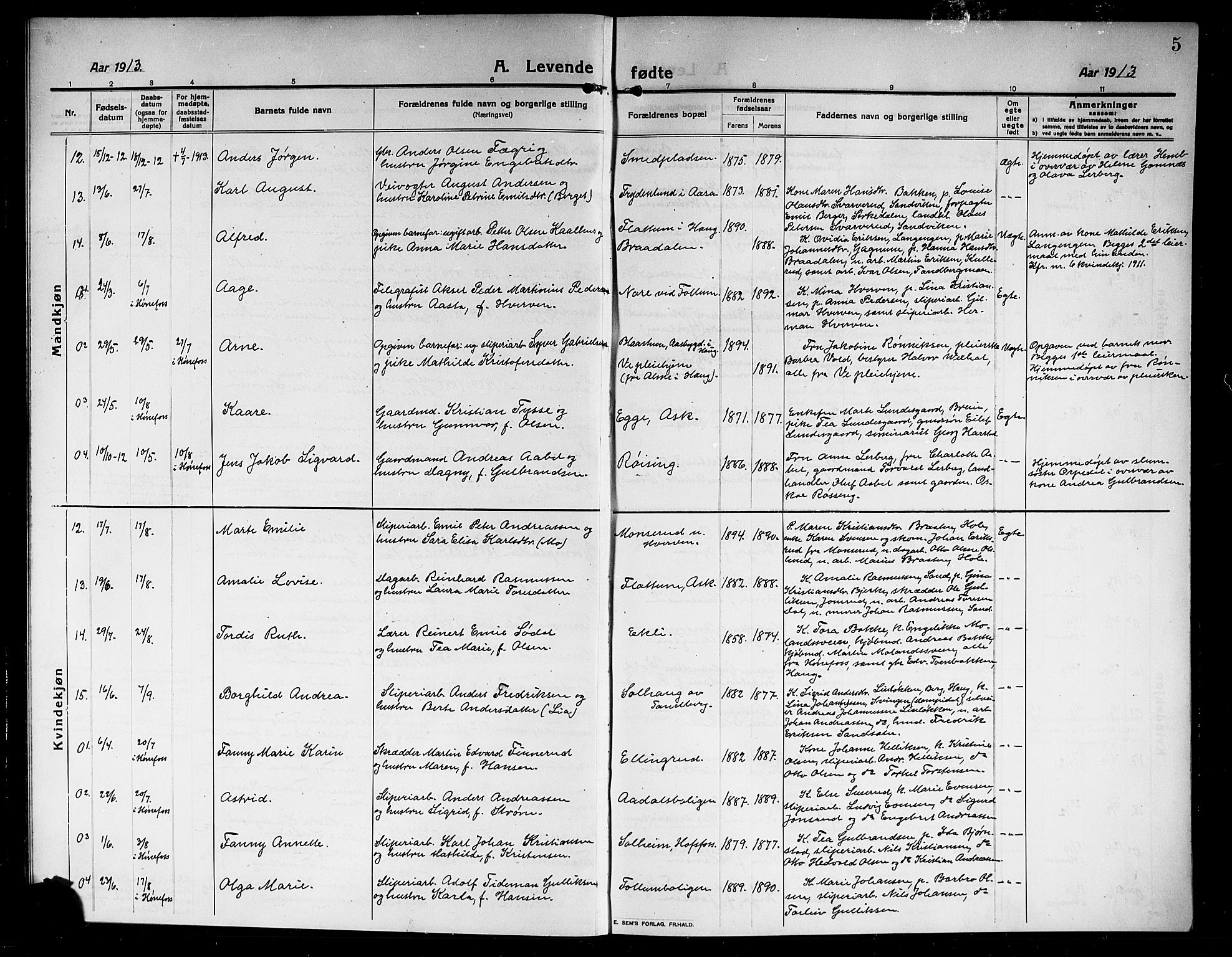 Norderhov kirkebøker, AV/SAKO-A-237/G/Ga/L0009: Parish register (copy) no. I 9, 1913-1920, p. 5