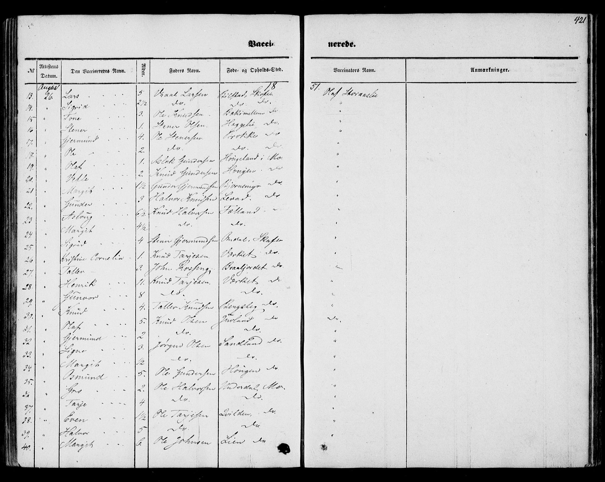 Mo kirkebøker, SAKO/A-286/F/Fa/L0005: Parish register (official) no. I 5, 1844-1864, p. 421