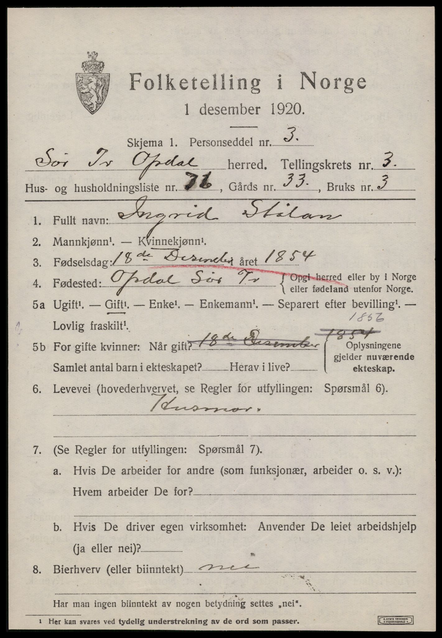 SAT, 1920 census for Oppdal, 1920, p. 4019