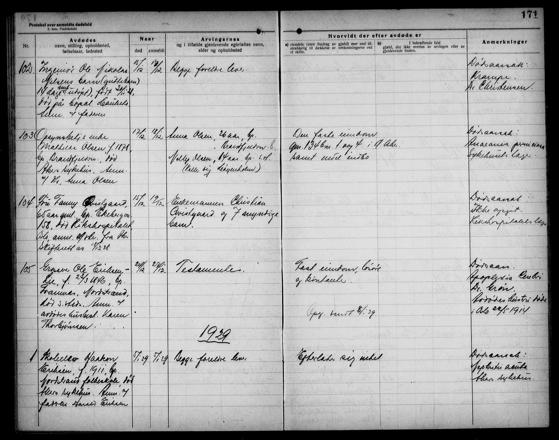 Aker kriminaldommer, skifte- og auksjonsforvalterembete, AV/SAO-A-10452/H/Hb/Hba/Hbad/L0001: Dødsfallsprotokoll for Nordstrand, 1922-1929, p. 171