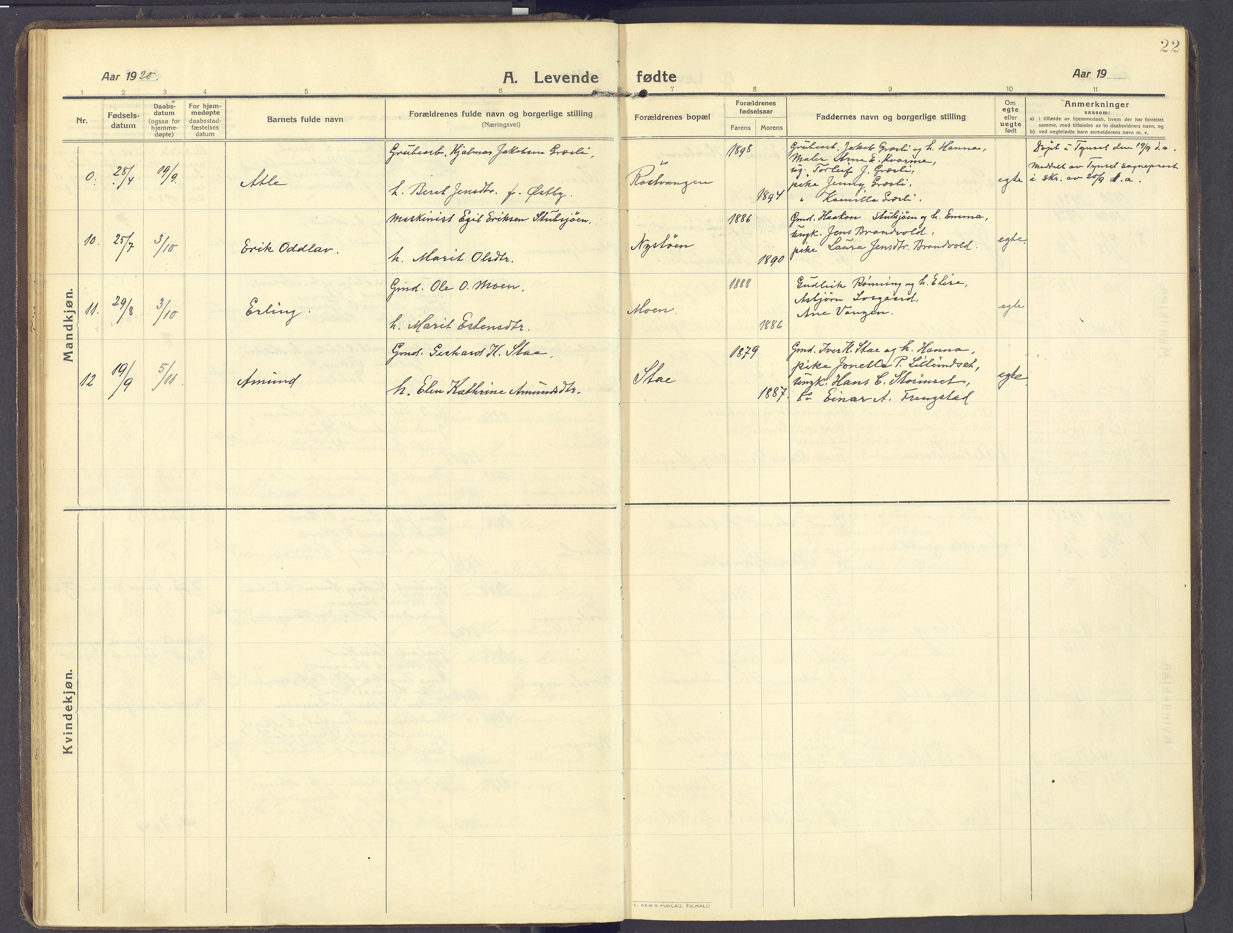 Kvikne prestekontor, AV/SAH-PREST-064/H/Ha/Haa/L0009: Parish register (official) no. 9, 1911-1942, p. 22