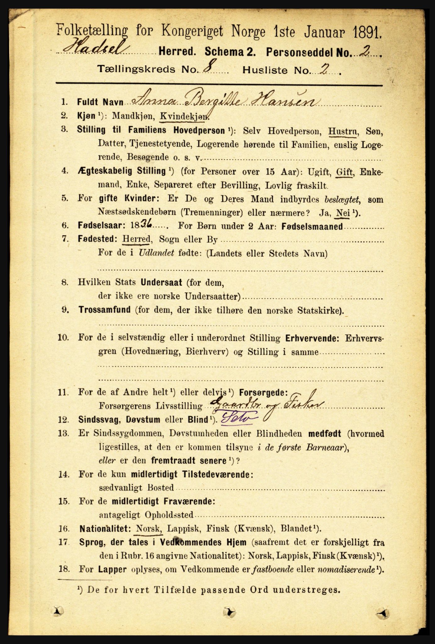 RA, 1891 census for 1866 Hadsel, 1891, p. 3586