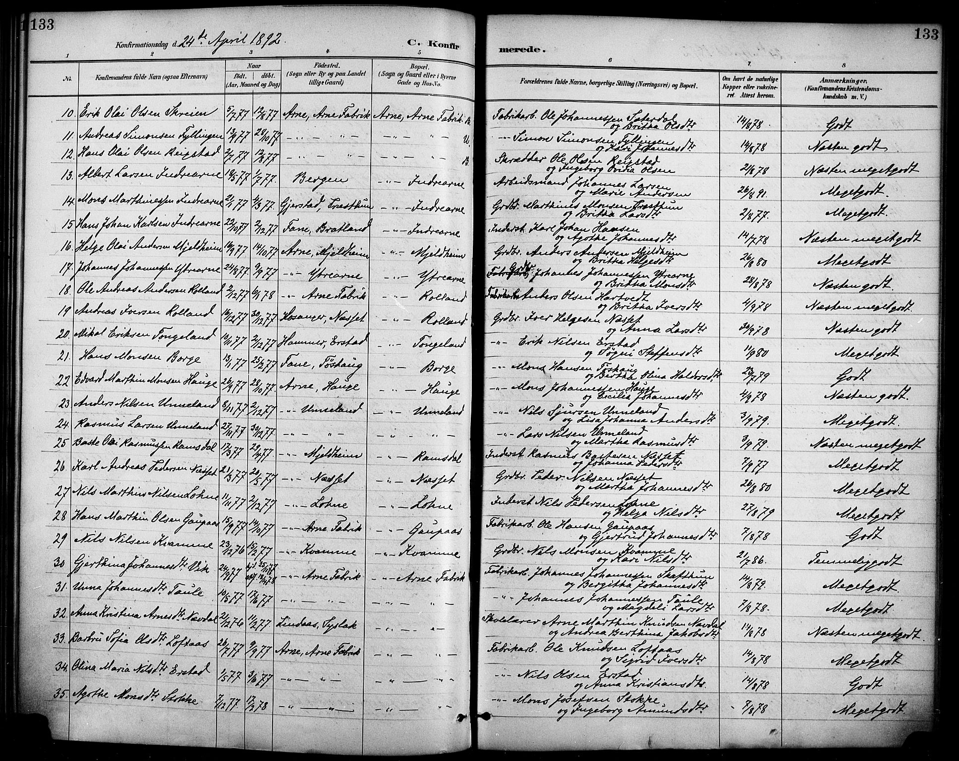 Haus sokneprestembete, AV/SAB-A-75601/H/Haa/Haad/L0001: Parish register (official) no. D 1, 1887-1898, p. 133