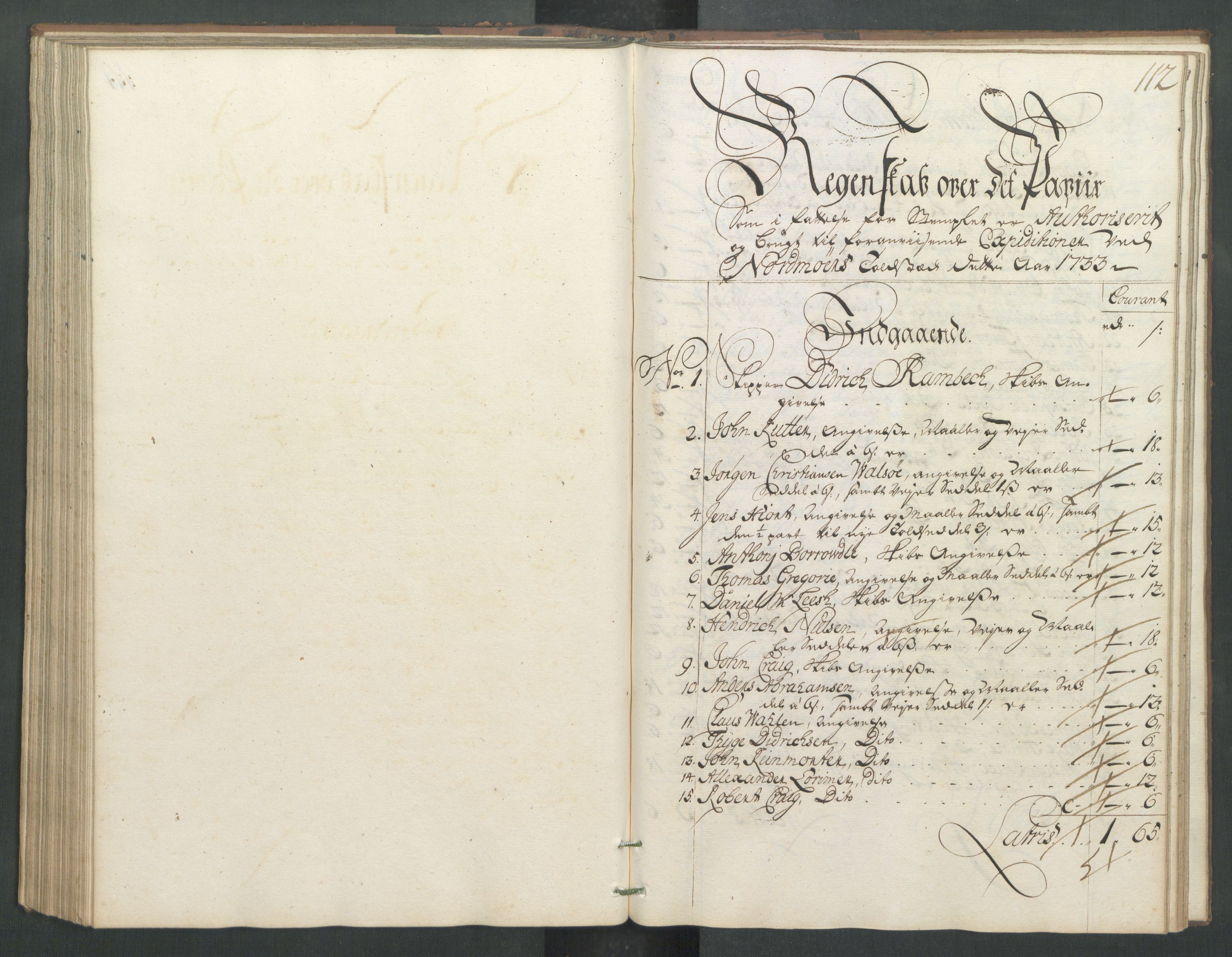 Generaltollkammeret, tollregnskaper, AV/RA-EA-5490/R32/L0005/0001: Tollregnskaper Kristiansund / Hovedtollbok, 1733, p. 111b-112a