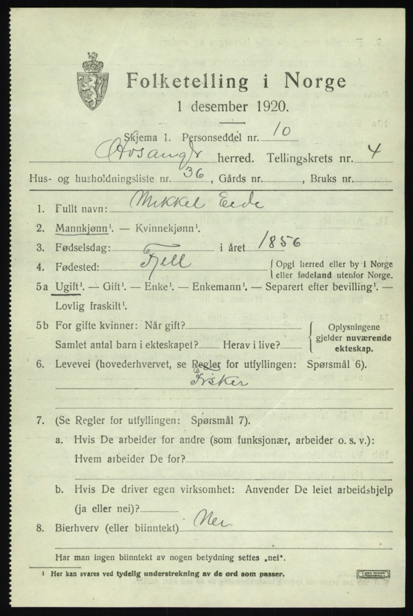 SAB, 1920 census for Hosanger, 1920, p. 2325