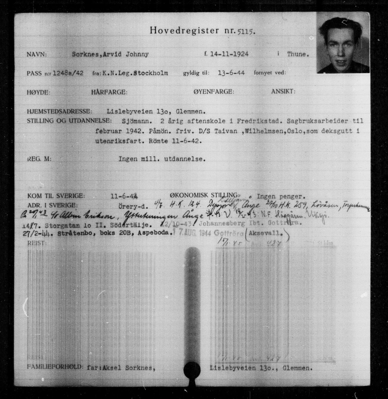 Utenriksstasjonene, Legasjonen i Stockholm, Flyktningkontoret, AV/RA-S-6753/V/Va/L0004: Kjesäterkartoteket, flyktninger med registreringsnr. 3496-6610, 1940-1945, p. 1908