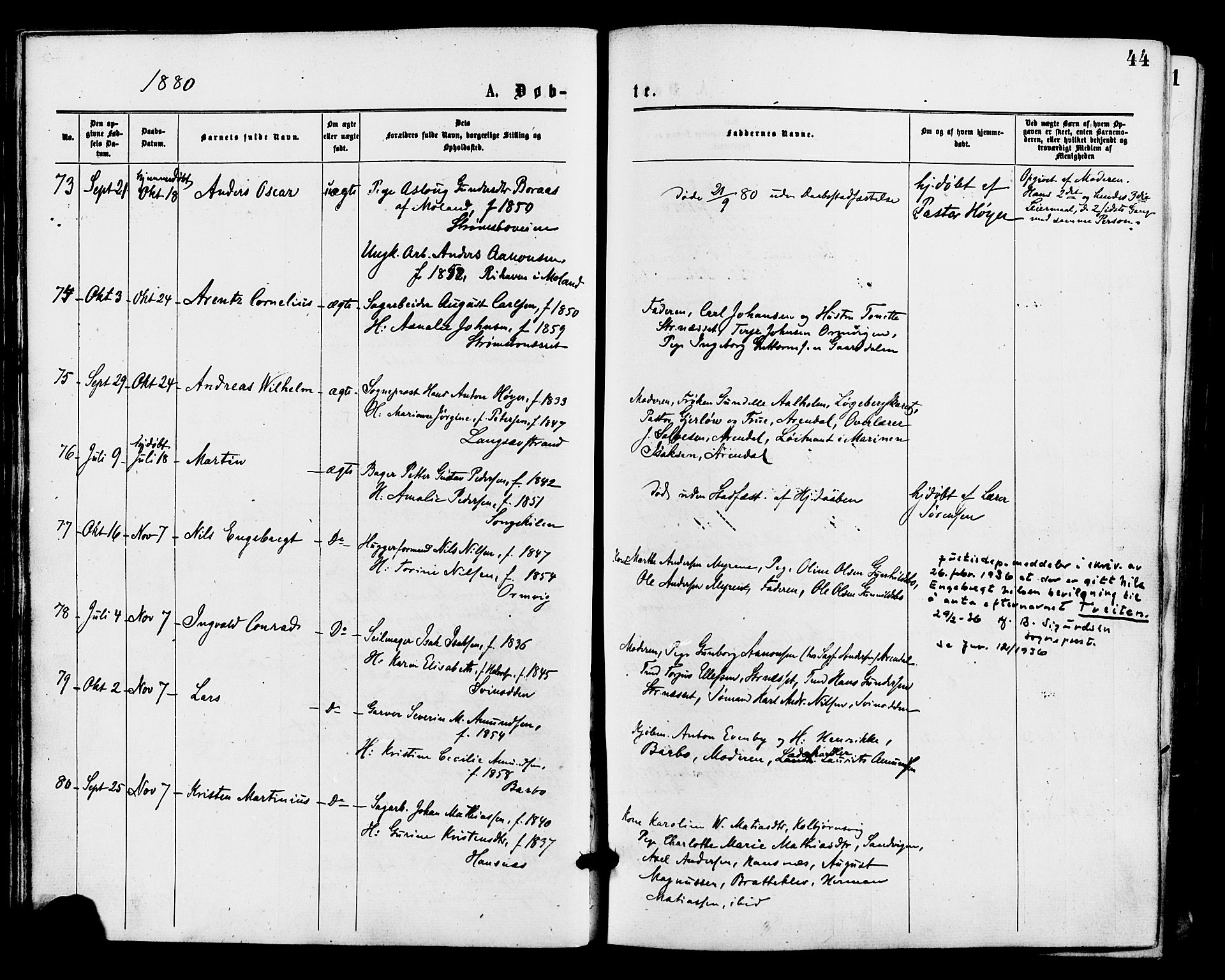 Barbu sokneprestkontor, AV/SAK-1111-0003/F/Fa/L0001: Parish register (official) no. A 1 /1, 1878-1883, p. 44