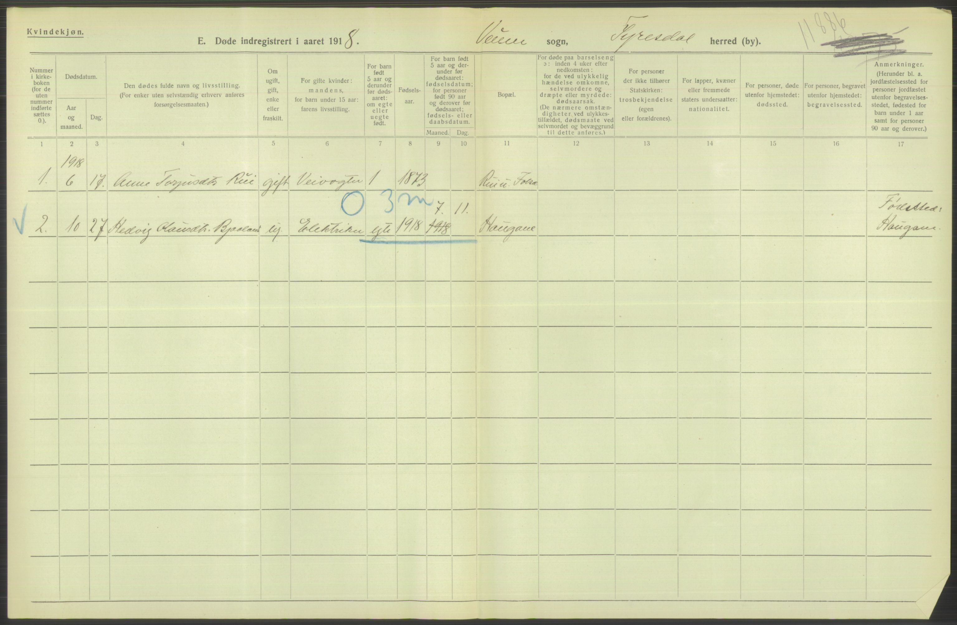 Statistisk sentralbyrå, Sosiodemografiske emner, Befolkning, AV/RA-S-2228/D/Df/Dfb/Dfbh/L0026: Telemark fylke: Døde. Bygder og byer., 1918, p. 318