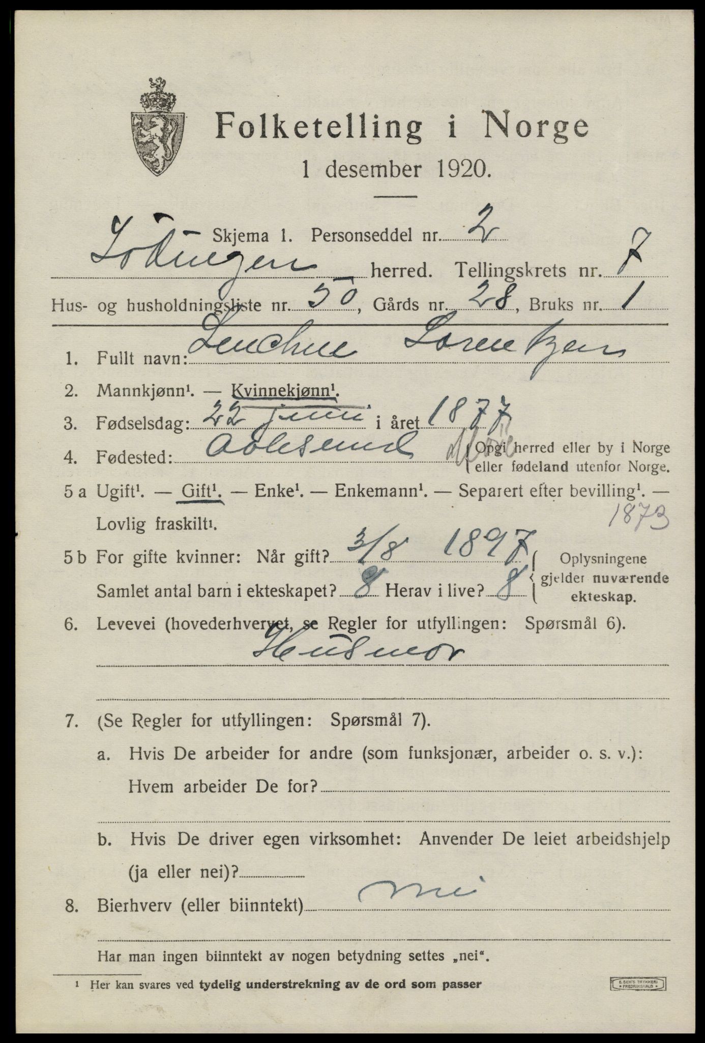 SAT, 1920 census for Lødingen, 1920, p. 4709