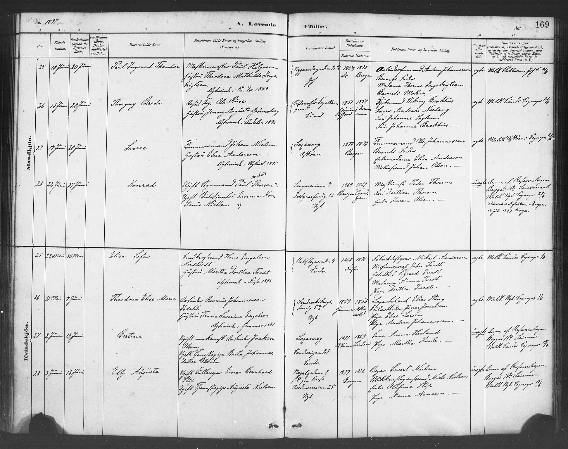 Fødselsstiftelsens sokneprestembete*, SAB/-: Parish register (official) no. A 2, 1884-1900, p. 169