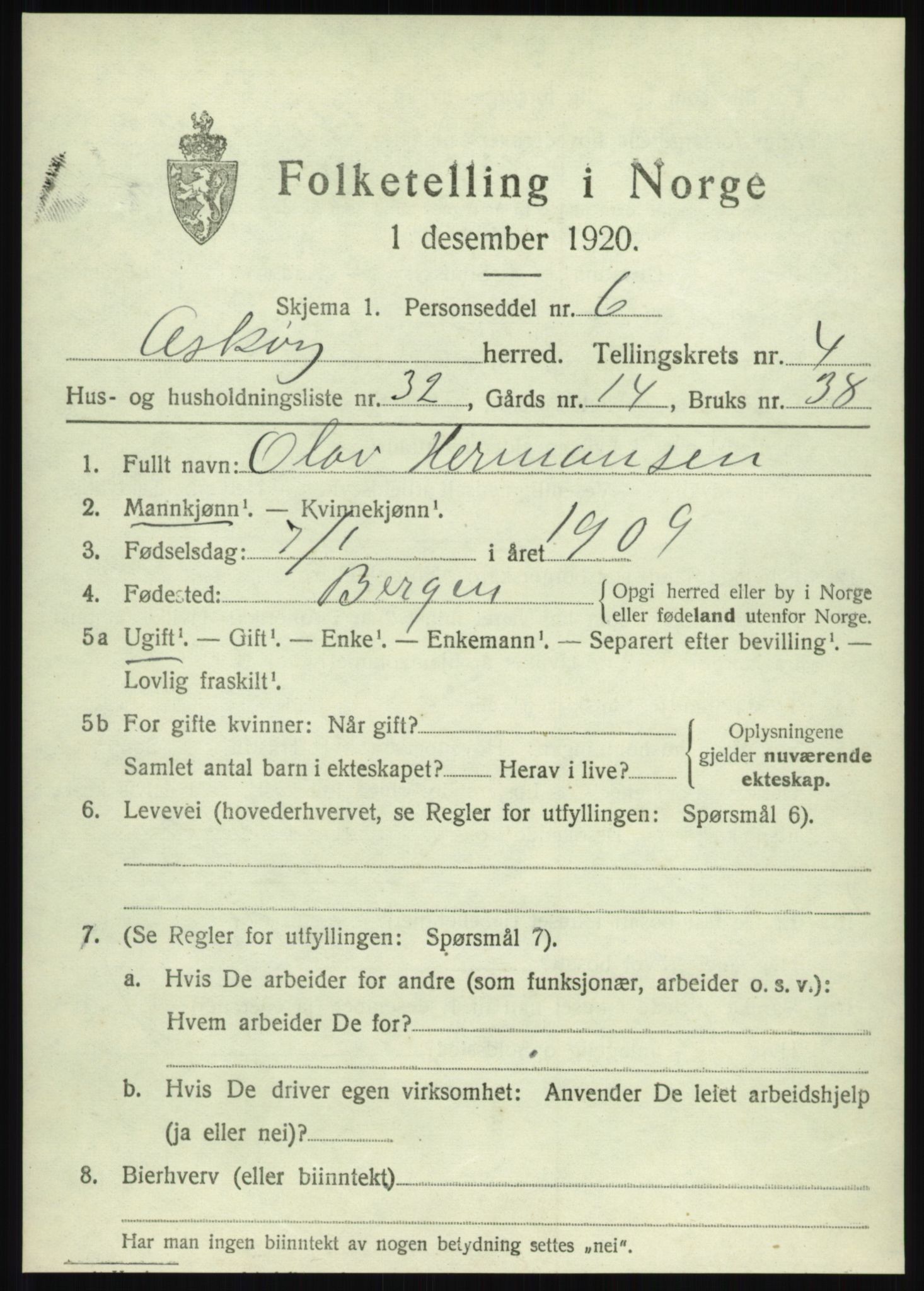 SAB, 1920 census for Askøy, 1920, p. 8022