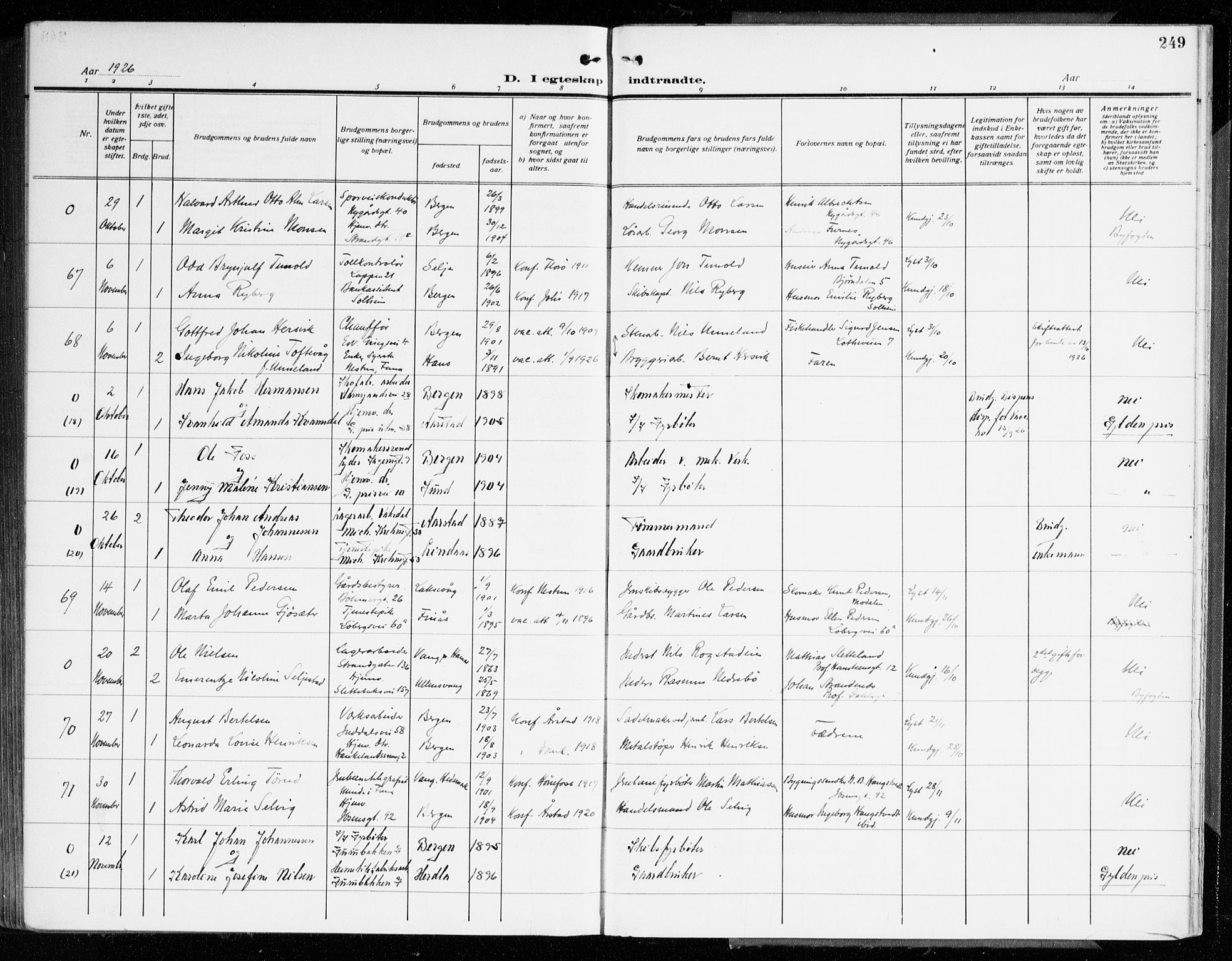 Årstad Sokneprestembete, AV/SAB-A-79301/H/Haa/L0004: Parish register (official) no. A 4, 1919-1928, p. 249