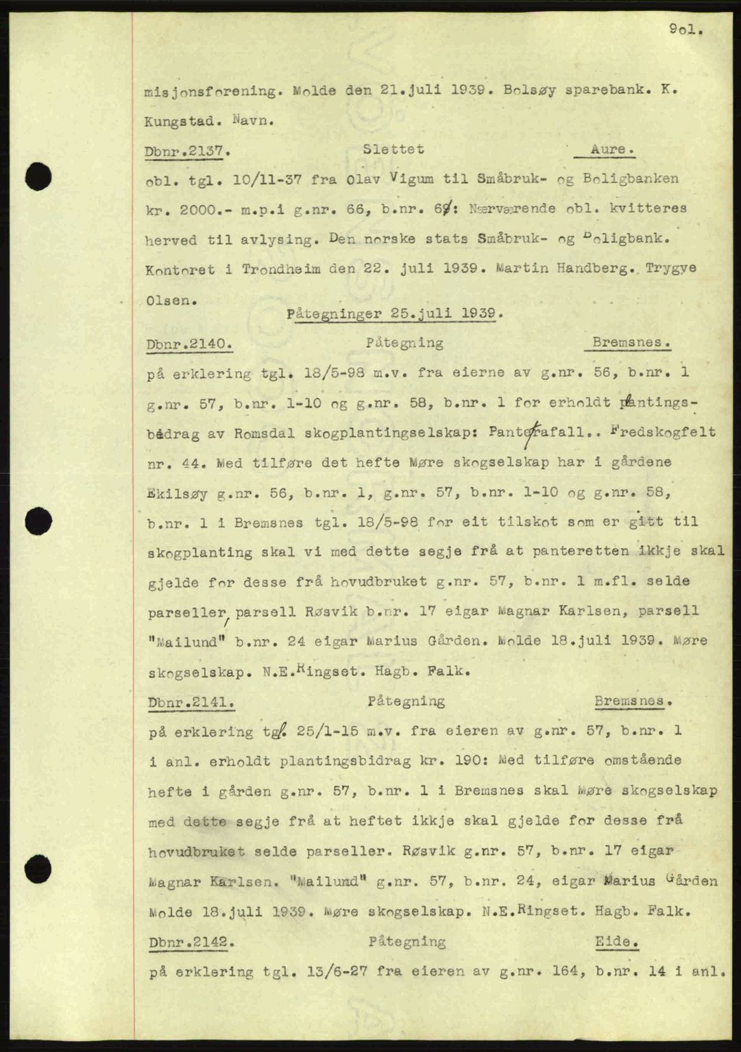 Nordmøre sorenskriveri, AV/SAT-A-4132/1/2/2Ca: Mortgage book no. C80, 1936-1939, Diary no: : 2137/1939