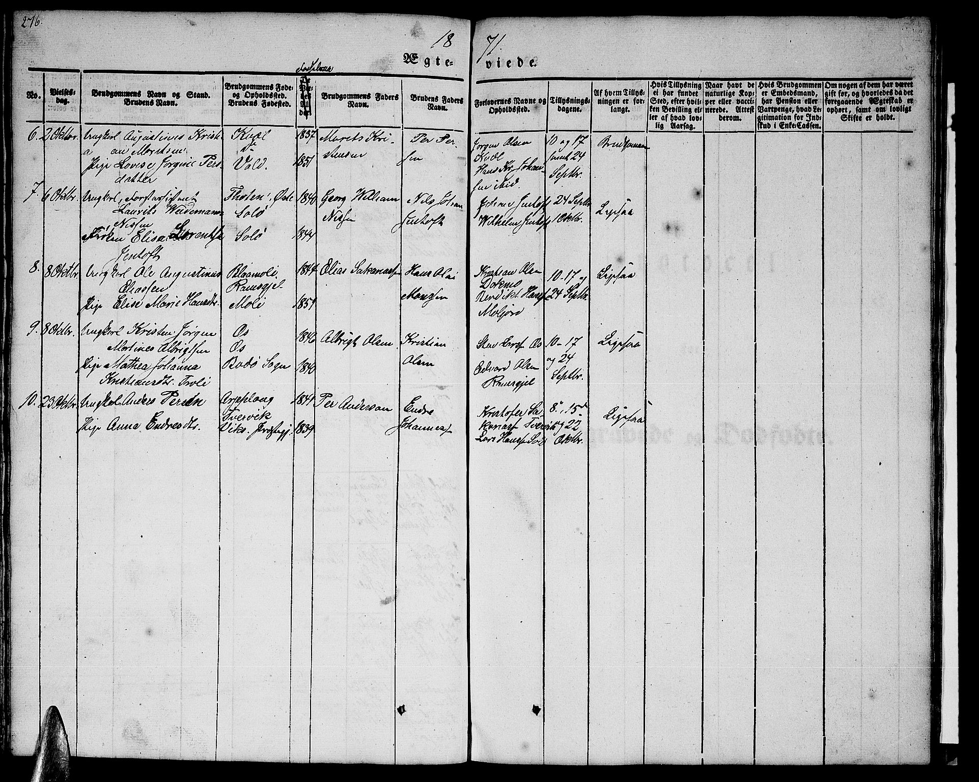 Ministerialprotokoller, klokkerbøker og fødselsregistre - Nordland, AV/SAT-A-1459/846/L0652: Parish register (copy) no. 846C02, 1841-1871, p. 276