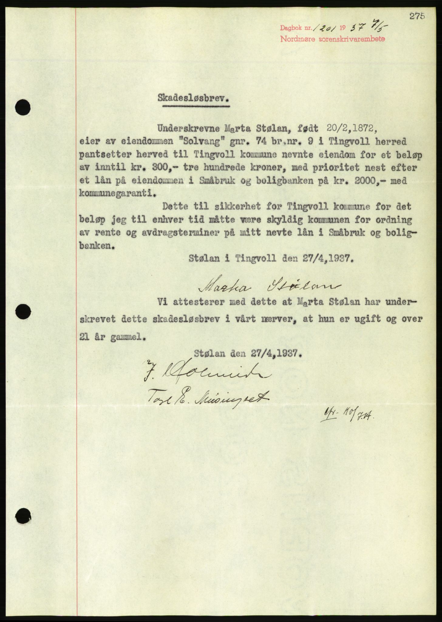 Nordmøre sorenskriveri, AV/SAT-A-4132/1/2/2Ca/L0091: Mortgage book no. B81, 1937-1937, Diary no: : 1201/1937