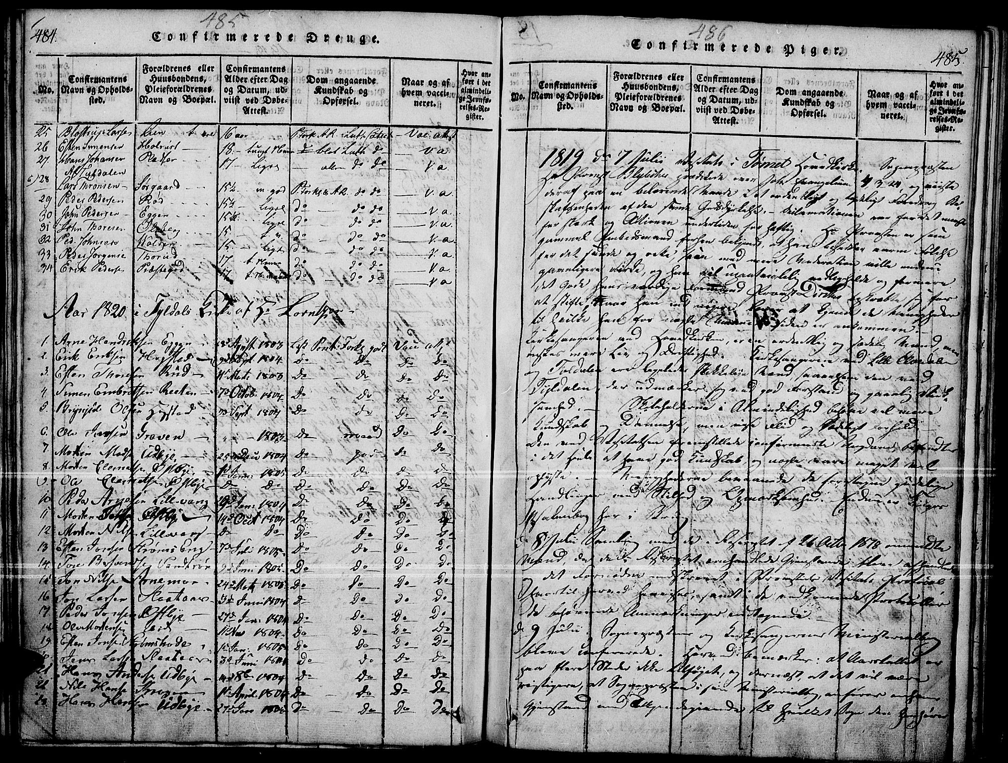 Tynset prestekontor, SAH/PREST-058/H/Ha/Haa/L0018: Parish register (official) no. 18, 1815-1829, p. 484-485