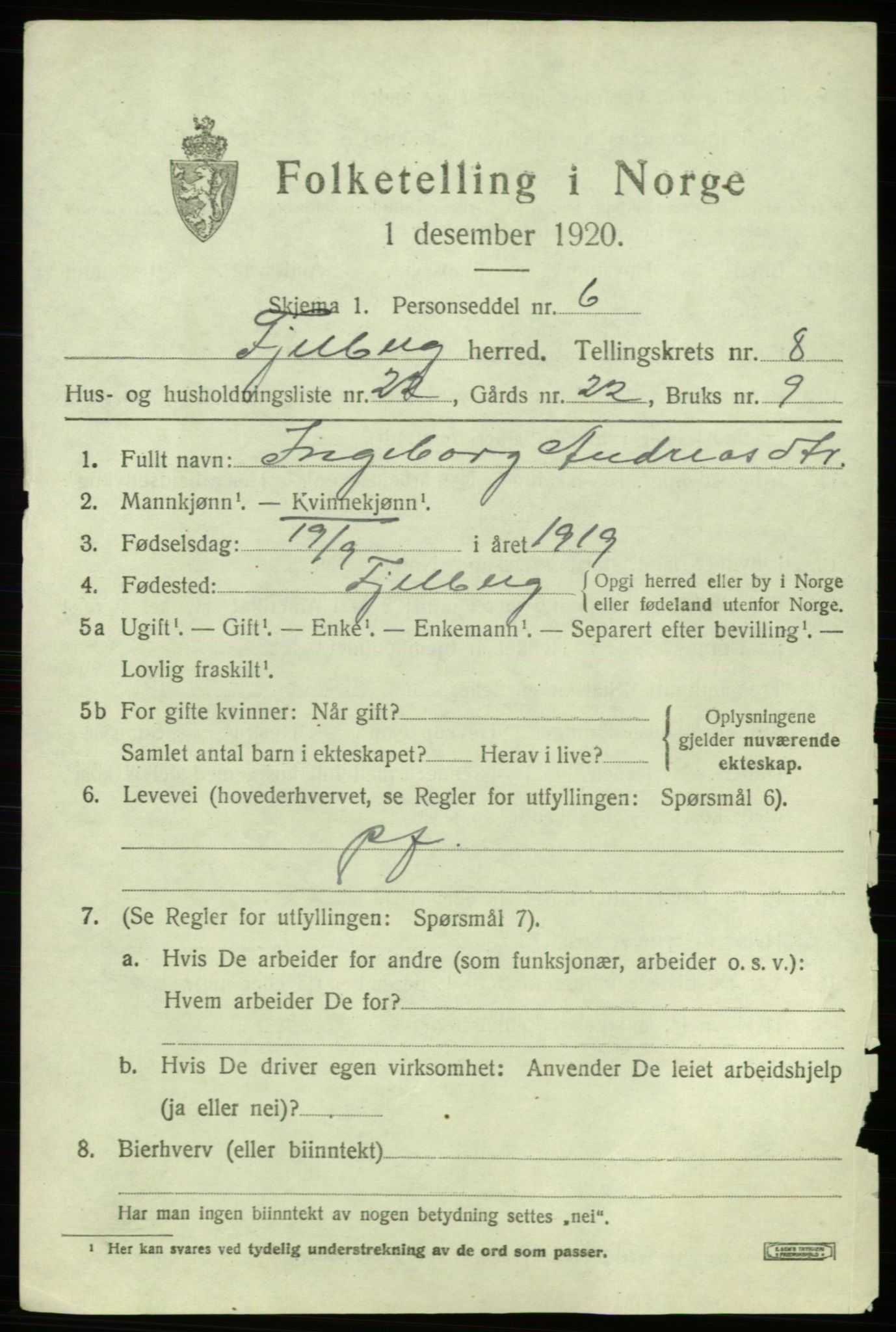 SAB, 1920 census for Fjelberg, 1920, p. 3503