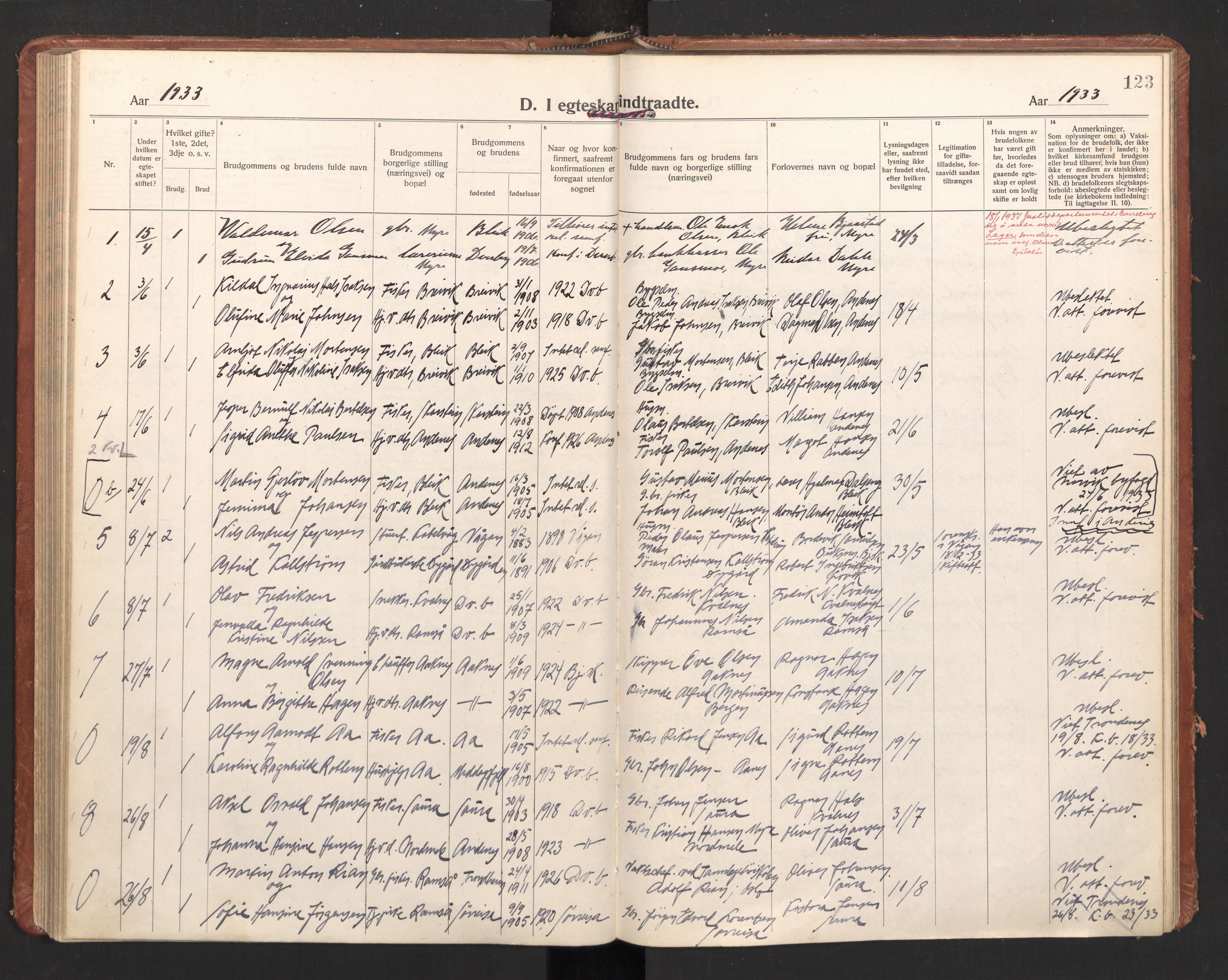 Ministerialprotokoller, klokkerbøker og fødselsregistre - Nordland, SAT/A-1459/897/L1408: Parish register (official) no. 897A15, 1922-1938, p. 123