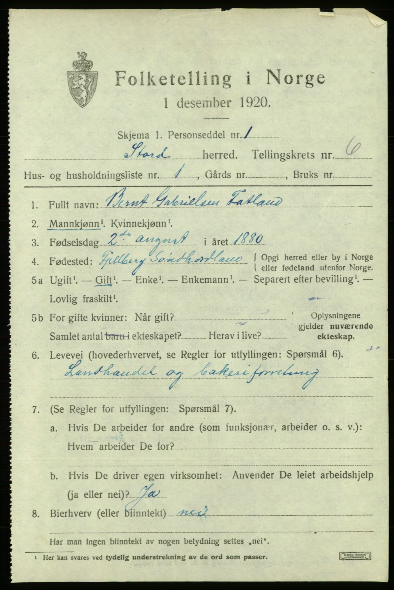 SAB, 1920 census for Stord, 1920, p. 2359