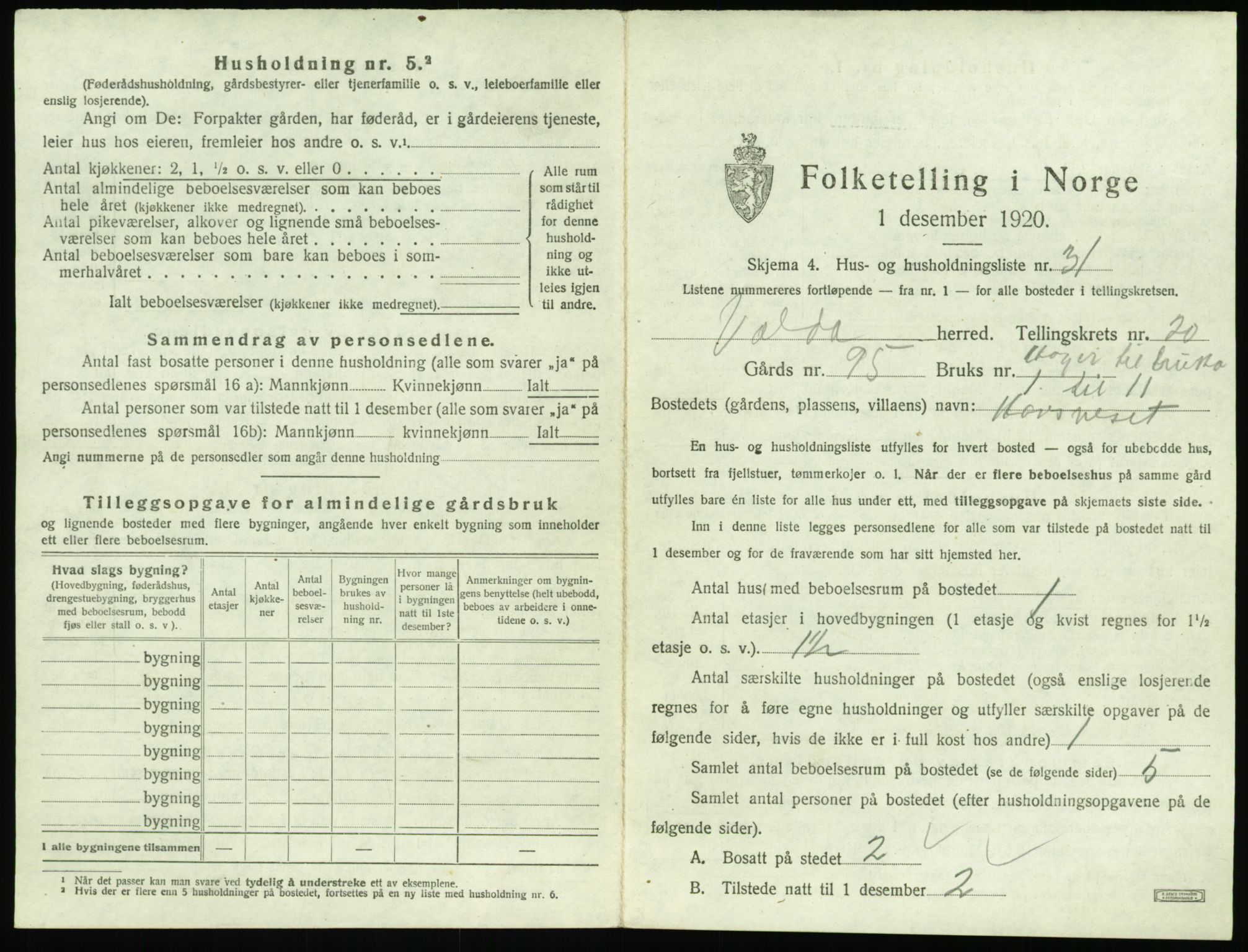 SAT, 1920 census for Volda, 1920, p. 1452