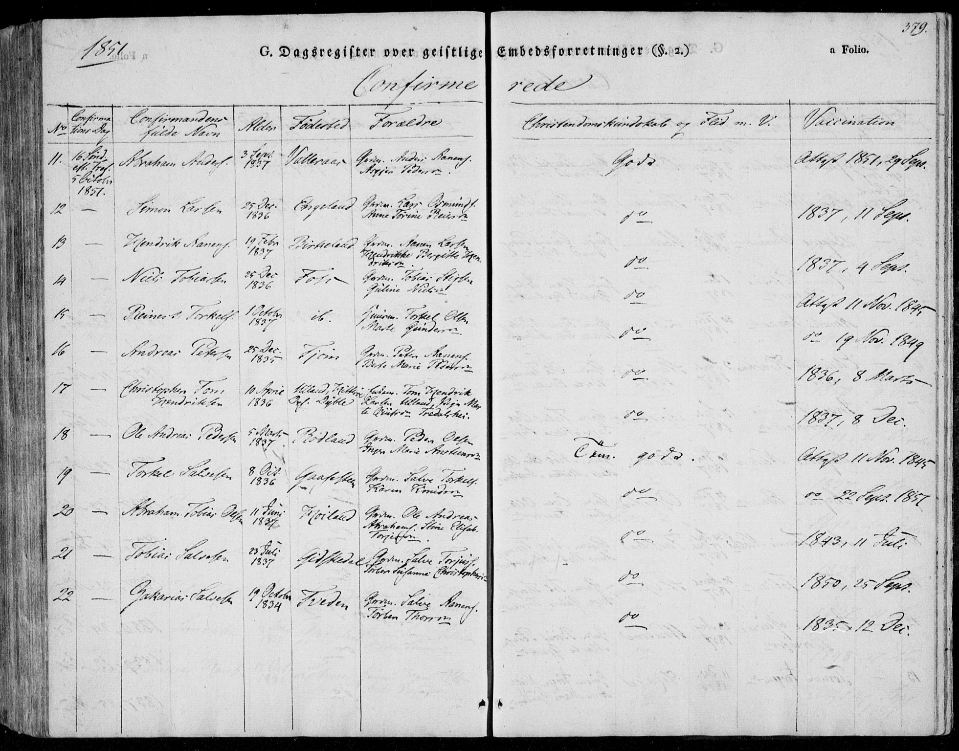 Sør-Audnedal sokneprestkontor, AV/SAK-1111-0039/F/Fa/Fab/L0006: Parish register (official) no. A 6, 1829-1855, p. 379