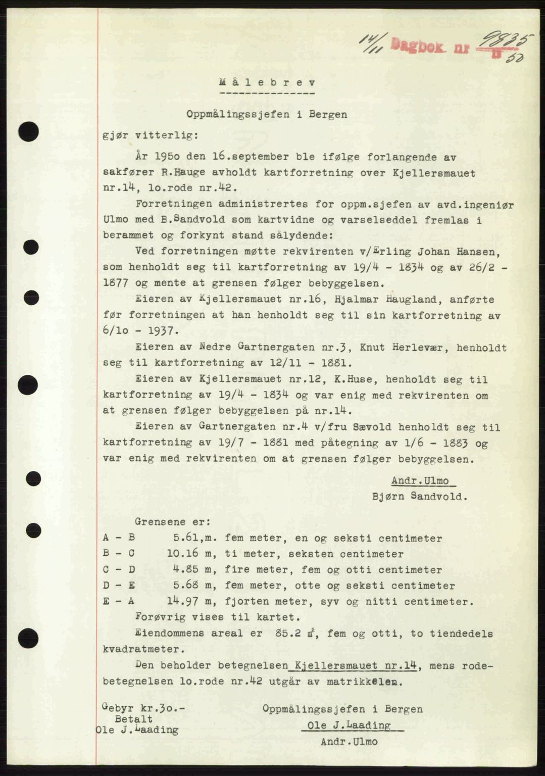 Byfogd og Byskriver i Bergen, SAB/A-3401/03/03Bc/L0034: Mortgage book no. A27-28, 1950-1950, Diary no: : 9835/1950
