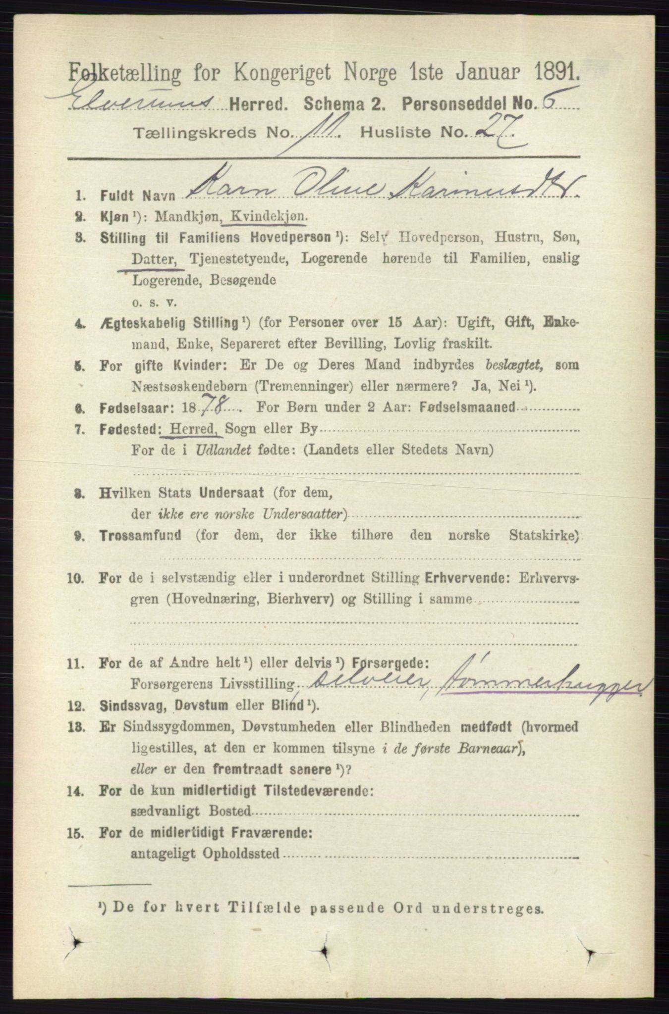 RA, 1891 census for 0427 Elverum, 1891, p. 9188