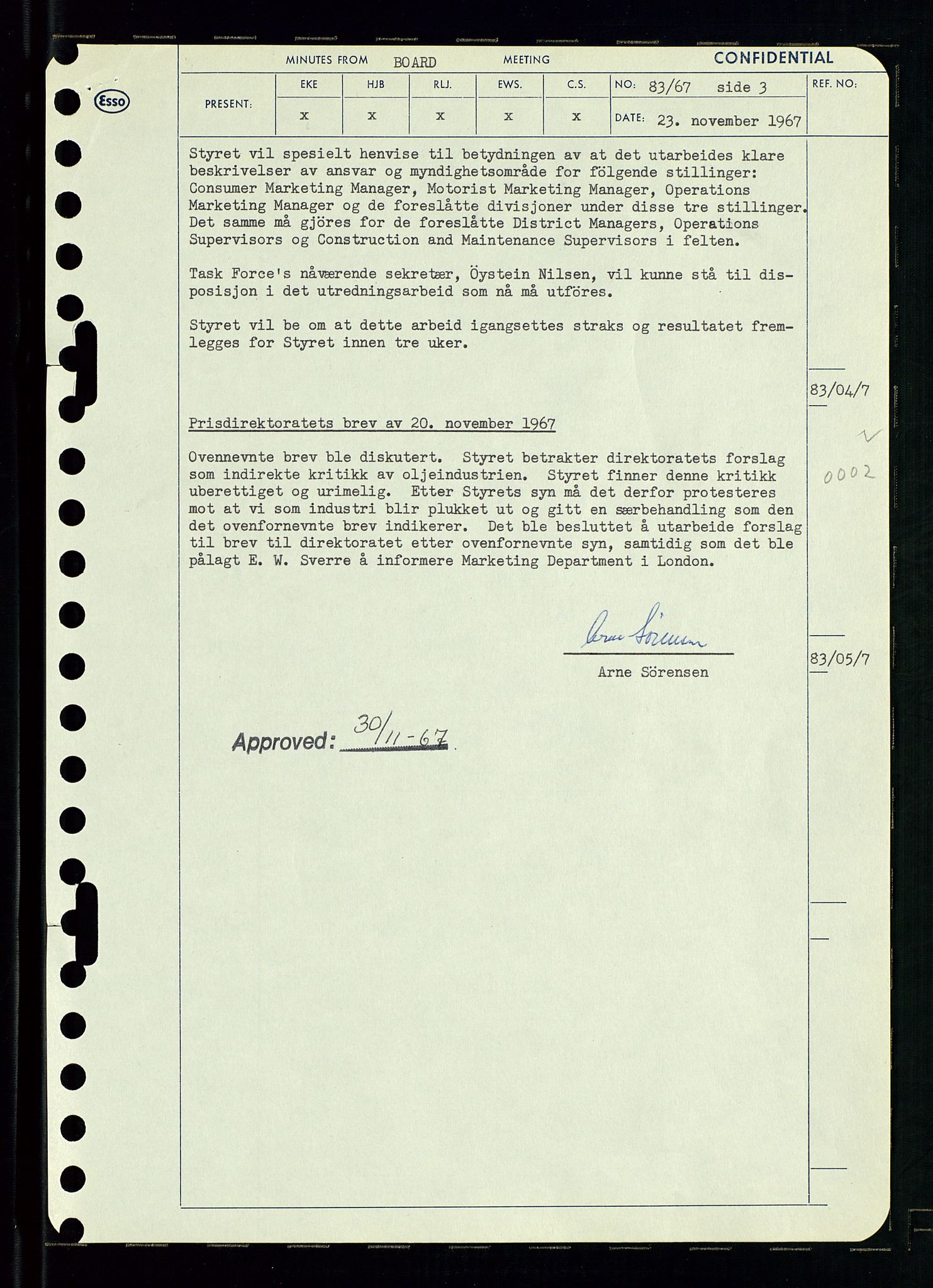 Pa 0982 - Esso Norge A/S, AV/SAST-A-100448/A/Aa/L0002/0003: Den administrerende direksjon Board minutes (styrereferater) / Den administrerende direksjon Board minutes (styrereferater), 1967, p. 170