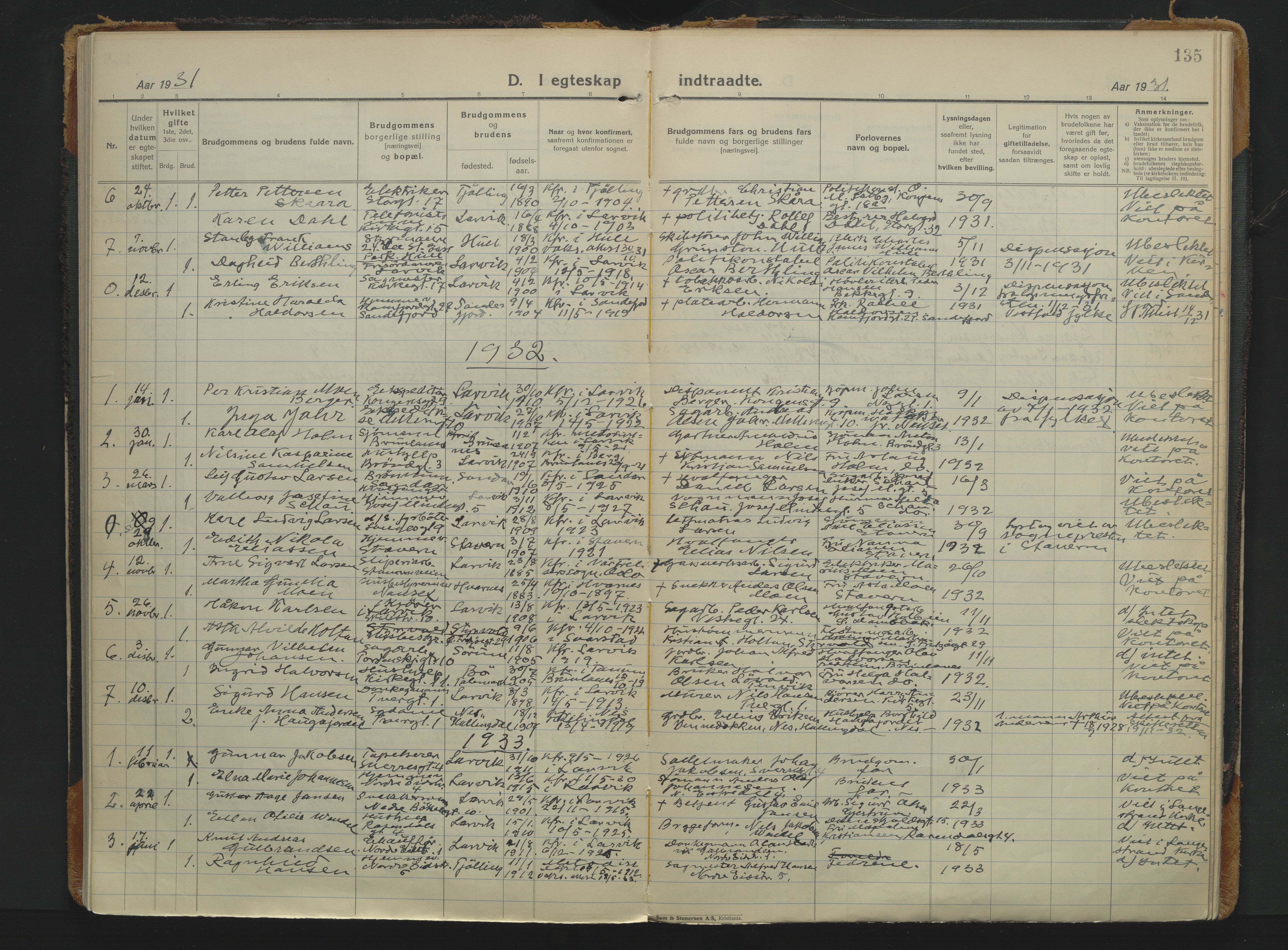 Larvik kirkebøker, AV/SAKO-A-352/F/Fb/L0006: Parish register (official) no. II 6, 1925-1961, p. 135